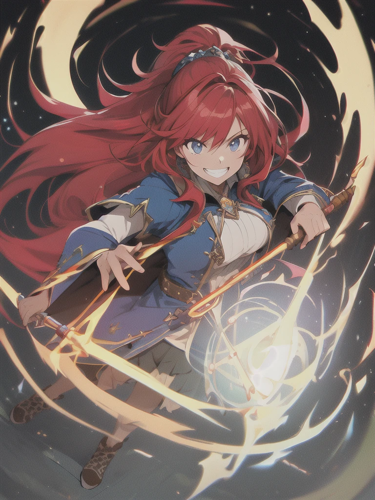 (best quality),(ultra detailed),(extremely detailed),(absolutely resolution) ,solo, absurdres,8k, 1girl,full body,  wizard, holding magician's staff, grin, ultra detailed eyes, long hair, messy hair, (red hair:1.2), 