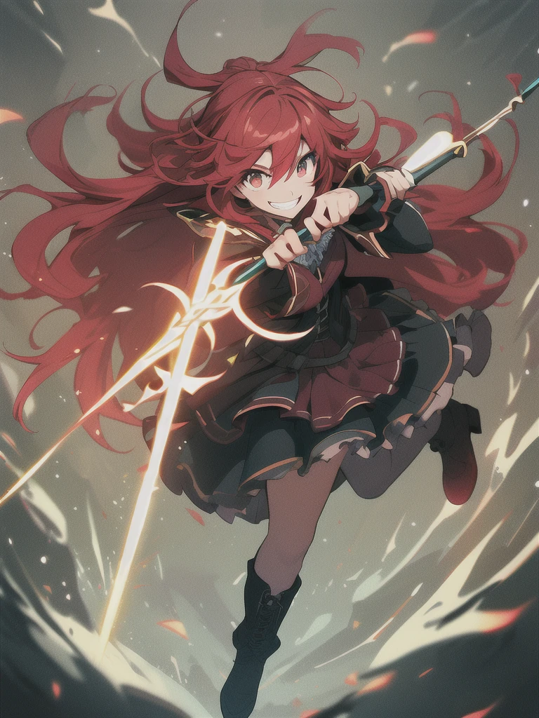 (best quality),(ultra detailed),(extremely detailed),(absolutely resolution) ,solo, absurdres,8k, 1girl,full body, wizard, holding magician's staff, grin, ultra detailed eyes, long hair, messy hair, (red hair:1.2),