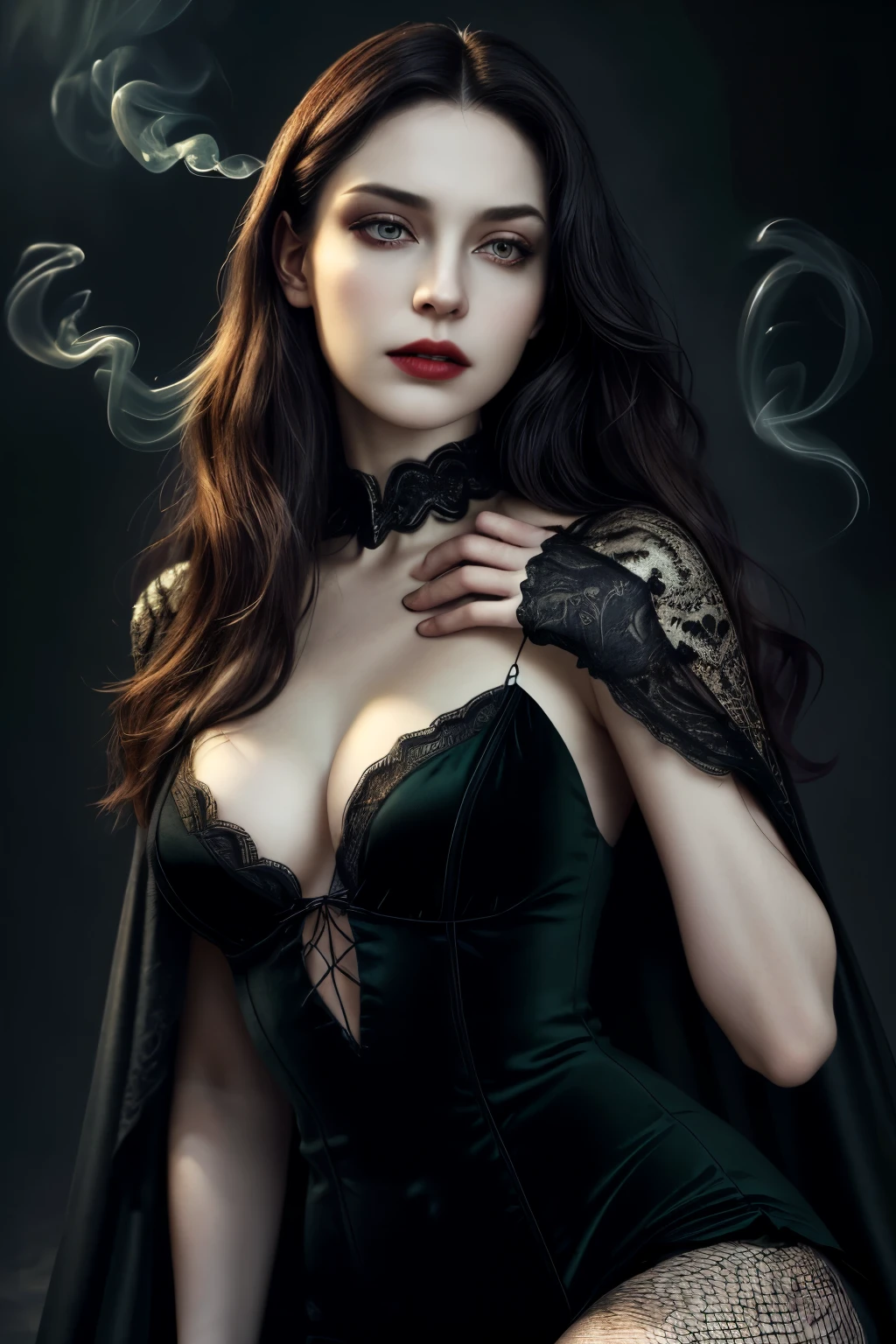 (best quality,highres,masterpiece:1.2),ultra-detailed,(realistic,photorealistic,photo-realistic:1.37),sexy woman,vampire cosplay,plain background,dark and mysterious lighting,red lipstick,fangs,sharp fangs,pale skin,alluring eyes,black lace dress,fishnet stockings,high heels,long wavy hair,black nails,slightly parted lips,haunting expression,subtle smoke effects,gold jewelry,emerald eyes,enchanted atmosphere,confident pose,revealing neckline,majestic cape,gothic ambiance,subtle moonlight,luxurious velvet textures,dangerous allure
