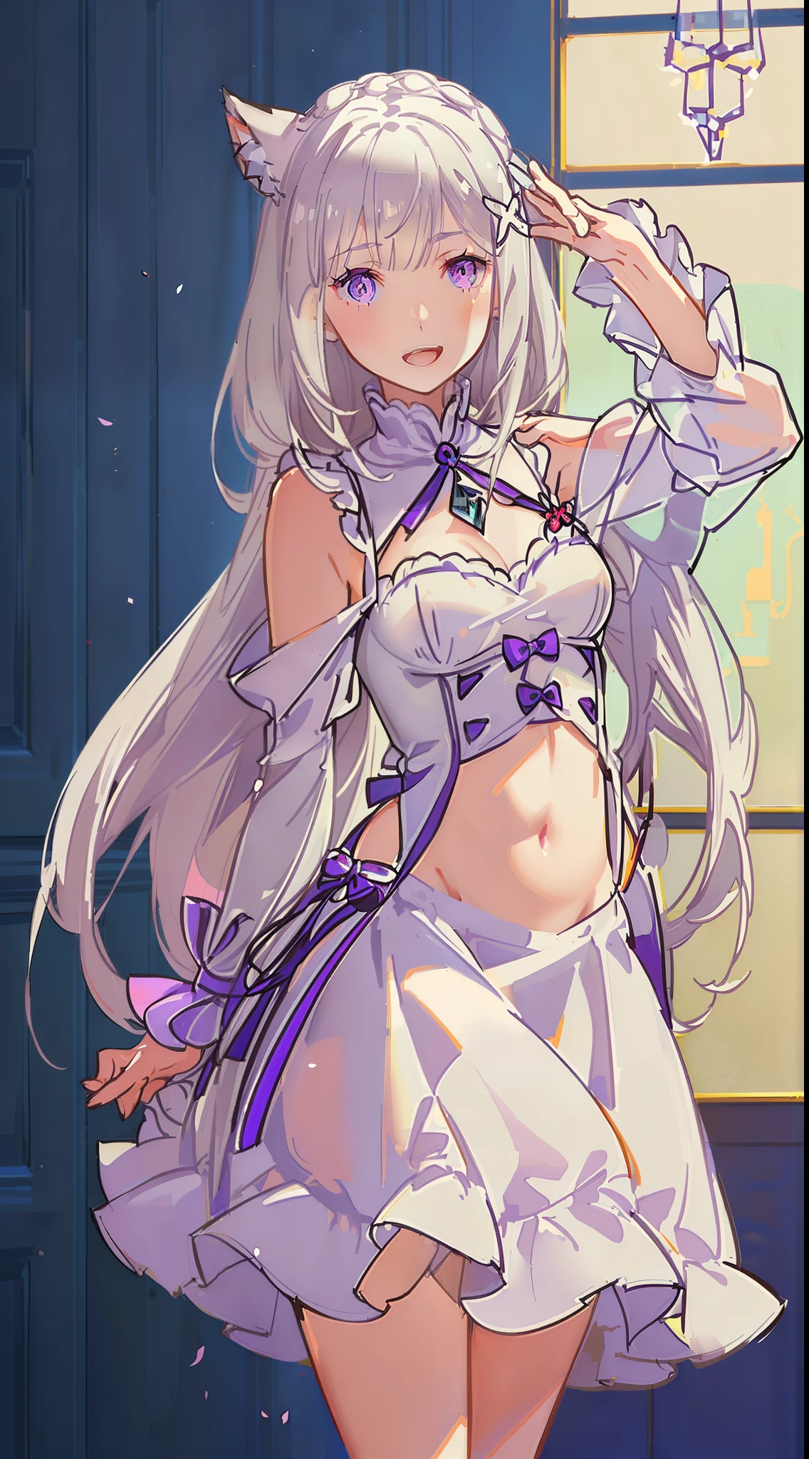 1girl, アニメ, cute girl, blank background, white background, fantasy, detailed fantasy dress with highlights, beautiful face, beautiful eyes, dark colors, black hair with multicolor streaks, red eye with different color pupil in eye, multicolor eye, medium breasts, slight cleavage, beautiful skin, cute, breast curtains, extremely delicate and beautiful, (beautiful detailed face:1.0), (detailed deep eyes), symmetrical breasts, deep eyes, shiny skin, portrait, slender waist, hips wider than shoulders, thighs, expressionless, young girl, luminous eyes, adorable，（Kpop idol）,（aegyo sal：1），（Platinum blonde hair：1），（（puffy eye）），Black panty，sexy posture，Superskirt, Ultra-high resolution，Black collar，slim figure, Abdominal y tattoo, womb tattoo，Tight-fitting leg ring，y tattoo on half-body，Bare skin, Armored hand，Hidden fingertips，Hand covered，Arm covered，Fist covered,{{beautiful detailed fingers}}, tufts of hair, moderate beautiful breast:1.0,(masterpiece:1.2), best quality, high-res, HDR, perfect face, intricate armor, delicate blue filigree, intricate filigree, red metalic parts, detailed part, dynamic pose, dynamic lights, cute face, neutral expression, shuimobysim, lotus, Hanfu, maxi skirt, dress conservatively 1girl, 独奏, long blue hair, standing, One lady,14years,((White hair) ,(Shiny purple bodysuit with microskirt),((Fantasy, Moon Night)), gradient_eyes,