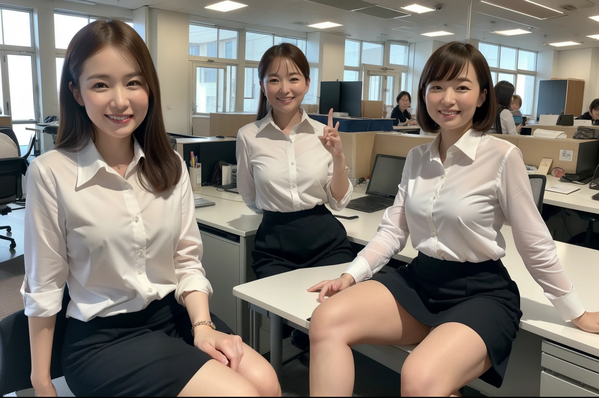 ((highest quality, 8k, Representative works in detail, Ultra-high resolution)), (Group photo), (Looking at the audience), (Mid Shot:), 魅力的なビジネス熟女5-people, 5-people, A little chubby:0.25, White collared shirt, Grey Skirt, (Sitting cross-legged at an office desk)), smile, President&#39;s office,