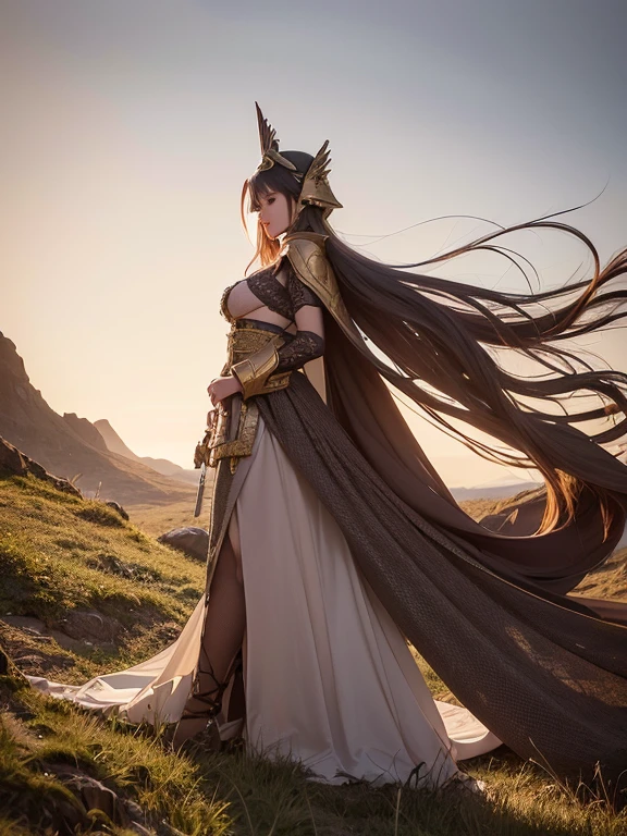 At the top of a steep hill, against the twilight horizon, an imposing figure stands with majesty. A woman, wearing full armor, stands at the highest point of the terrain, gazing determinedly into the valley below. Her helmet is adorned with intricate details, with a visor that reveals only her resolute eyes, shining with the golden light of the setting sun.
Her armor, polished to an impeccable shine, is a masterpiece of craftsmanship, each plate meticulously forged to offer maximum protection without compromising mobility. Each piece gleams as it reflects the last rays of sunlight, creating a striking contrast with the somber landscape around her.
In her right hand, she holds a longsword, whose gleaming blade seems eager to challenge any adversary that dares to cross her path. In the left, a shield adorned with a familiar crest, symbol of her lineage and heritage.
The wind gently stirs the cape that envelops her shoulders, highlighting her firm and confident posture. She is a fearless warrior, a defender of her realm and her people, ready to face any challenge that fate may hold.
Around her, the medieval scenery unfolds in all its grandeur. Castle towers rise against the orange-tinted sky, while verdant fields stretch as far as the eye can see. The distant sound of church bells and the clashing of swords echo through the air, reminding her of the constantly conflicted world she has sworn to protect.
In this solemn moment, she prepares to descend the steep slope toward the valley below, where destiny awaits with its challenges and dangers. But she does not falter; her heart is filled with courage and determination, ready to face any battle that life may present her.