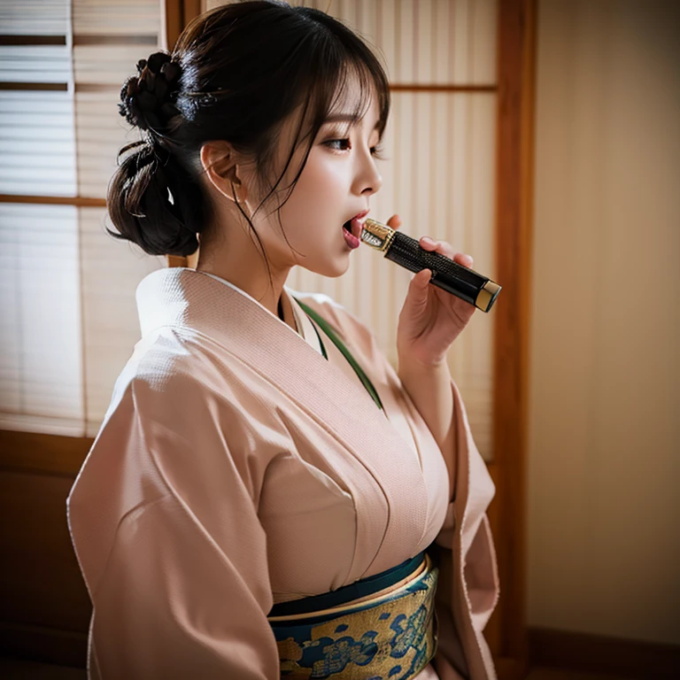 A beautiful woman in a proper kimono、((highest quality、8K masterpiece:1.3))、Sharp focus:1.2、(Super beautiful face:1.0)、(Glowing Skin:1.0)、Photo Real、Black-haired、Video Lighting、High resolution eyes and face、Video Lighting、Japanese idol actress、from the front、Very large breasts、Big Breasts、The beauty of slim abs、Face sucking something、A mouth for sucking something、Holding a cylindrical object and sucking it with the mouth、Kneel、Close ~ eyes、looking down on her、Taken at the best angle