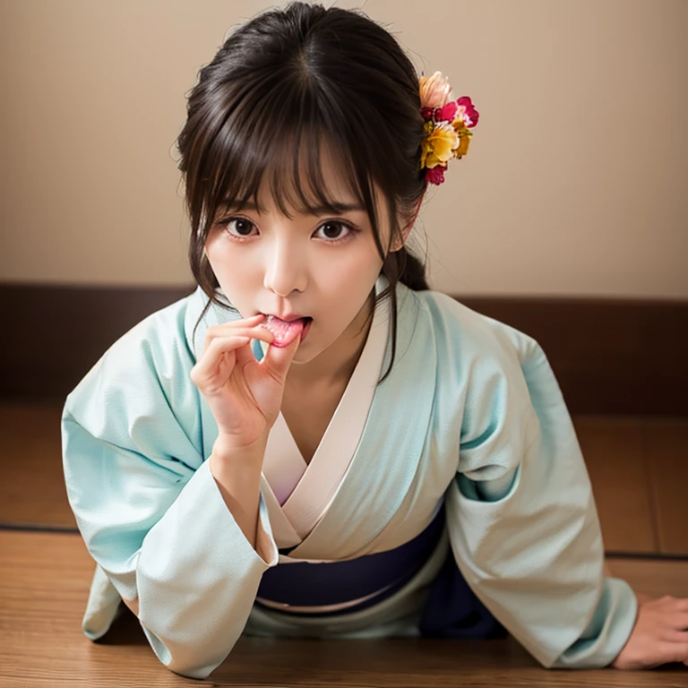 A beautiful woman in a proper kimono、((highest quality、8K masterpiece:1.3))、Sharp focus:1.2、(Super beautiful face:1.0)、(Glowing Skin:1.0)、Photo Real、Black-haired、Video Lighting、High resolution eyes and face、Video Lighting、Japanese idol actress、from the front、Very large breasts、Big Breasts、The beauty of slim abs、Face sucking something、A mouth for sucking something、Holding a cylindrical object and sucking it with the mouth、Kneel、Close ~ eyes、looking down on her、Taken at the best angle