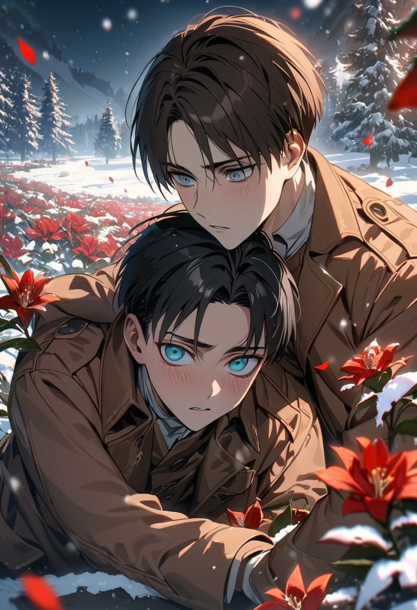 absurdres, highres, ultra detailed, HDR, masterpiece, extremely detailed face and eyes, Eren Yeager, brown hair, expressive turquoise eyes, Attack On Titan final season, Levi Ackerman, black hair, expressive grey eyes, two men together, gay couple, very handsome, winter, snow, trees, red lilies, petals, brown jacket