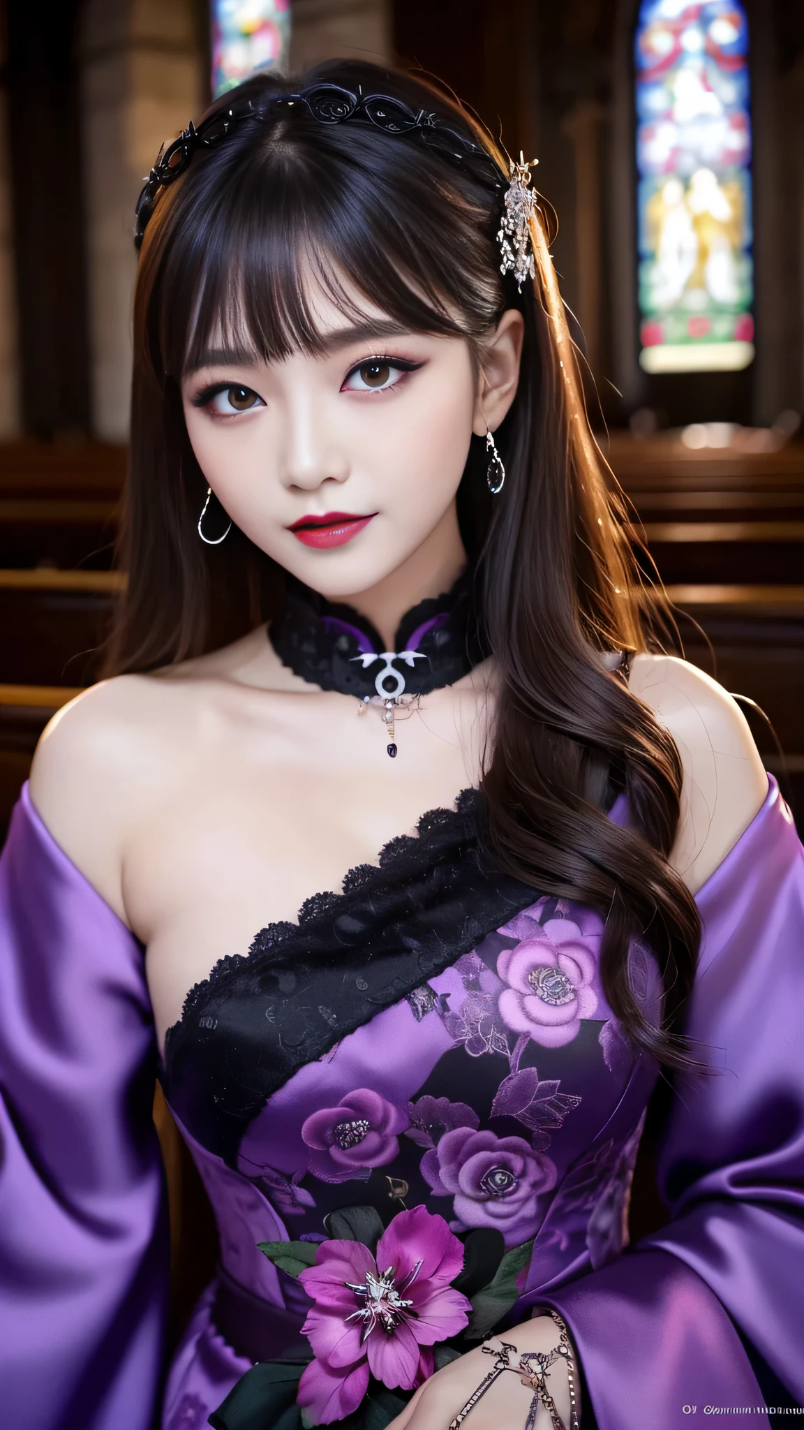 best quality、ultra-detailed、4k、Japanese、Seductive beauty、seductive adult woman、Pretty Woman、cool girl、Villainess、Brainwashed、brainwash、Fallen into evil、smirk、Evil look、Wicked Smile、evil、Brown hair、wavy hair、swept bangs、dark makeup、dark makeup、piercing eyes、hollow eyes,half-closed eyes、Hollow Eyes、Purple Eyeshadow、black lipstick、black lipglos、Long Black Cheongsam、Wide sleeves、night、inside church、Applying lipstick
