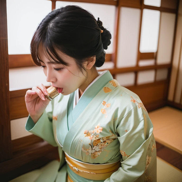 A beautiful woman in a proper kimono、((highest quality、8K masterpiece:1.3))、Sharp focus:1.2、(Super beautiful face:1.0)、(Glowing Skin:1.0)、Photo Real、Black-haired、Video Lighting、High resolution eyes and face、Video Lighting、Japanese idol actress、from the front、Very large breasts、Big Breasts、The beauty of slim abs、Face sucking something、A mouth for sucking something、Holding a cylindrical object and sucking it with the mouth、Kneel、Close ~ eyes、looking down on her、Taken at the best angle