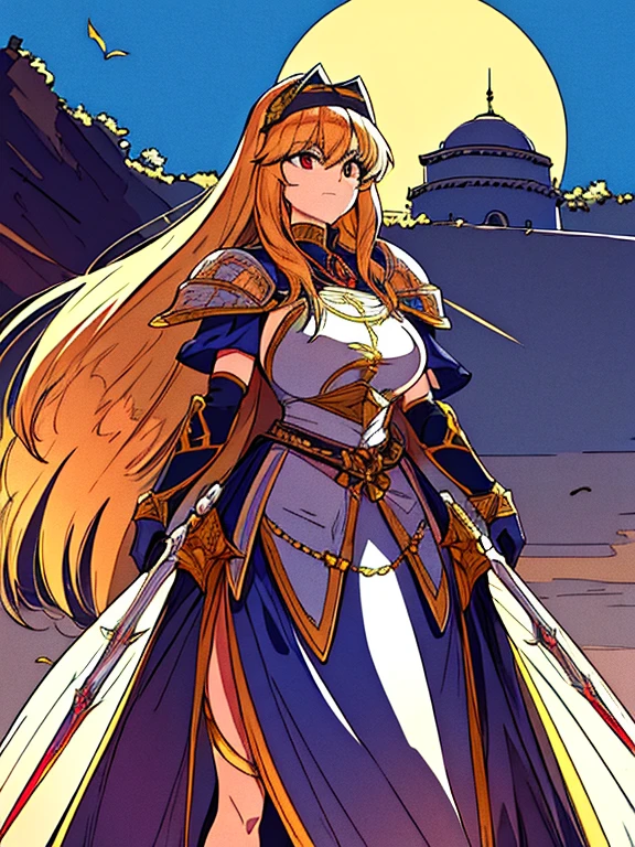 At the top of a steep hill, against the twilight horizon, an imposing figure stands with majesty. A woman, wearing full armor, stands at the highest point of the terrain, gazing determinedly into the valley below. Her helmet is adorned with intricate details, with a visor that reveals only her resolute eyes, shining with the golden light of the setting sun.

Her armor, polished to an impeccable shine, is a masterpiece of craftsmanship, each plate meticulously forged to offer maximum protection without compromising mobility. Each piece gleams as it reflects the last rays of sunlight, creating a striking contrast with the somber landscape around her.

In her right hand, she holds a longsword, whose gleaming blade seems eager to challenge any adversary that dares to cross her path. In the left, a shield adorned with a familiar crest, symbol of her lineage and heritage.

The wind gently stirs the cape that envelops her shoulders, highlighting her firm and confident posture. She is a fearless warrior, a defender of her realm and her people, ready to face any challenge that fate may hold.

Around her, the medieval scenery unfolds in all its grandeur. Castle towers rise against the orange-tinted sky, while verdant fields stretch as far as the eye can see. The distant sound of church bells and the clashing of swords echo through the air, reminding her of the constantly conflicted world she has sworn to protect.

In this solemn moment, she prepares to descend the steep slope toward the valley below, where destiny awaits with its challenges and dangers. But she does not falter; her heart is filled with courage and determination, ready to face any battle that life may present her.