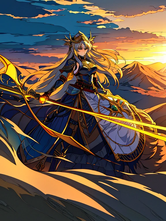 At the top of a steep hill, against the twilight horizon, an imposing figure stands with majesty. A woman, wearing full armor, stands at the highest point of the terrain, gazing determinedly into the valley below. Her helmet is adorned with intricate details, with a visor that reveals only her resolute eyes, shining with the golden light of the setting sun.
Her armor, polished to an impeccable shine, is a masterpiece of craftsmanship, each plate meticulously forged to offer maximum protection without compromising mobility. Each piece gleams as it reflects the last rays of sunlight, creating a striking contrast with the somber landscape around her.
In her right hand, she holds a longsword, whose gleaming blade seems eager to challenge any adversary that dares to cross her path. In the left, a shield adorned with a familiar crest, symbol of her lineage and heritage.
The wind gently stirs the cape that envelops her shoulders, highlighting her firm and confident posture. She is a fearless warrior, a defender of her realm and her people, ready to face any challenge that fate may hold.
Around her, the medieval scenery unfolds in all its grandeur. Castle towers rise against the orange-tinted sky, while verdant fields stretch as far as the eye can see. The distant sound of church bells and the clashing of swords echo through the air, reminding her of the constantly conflicted world she has sworn to protect.
In this solemn moment, she prepares to descend the steep slope toward the valley below, where destiny awaits with its challenges and dangers. But she does not falter; her heart is filled with courage and determination, ready to face any battle that life may present her.