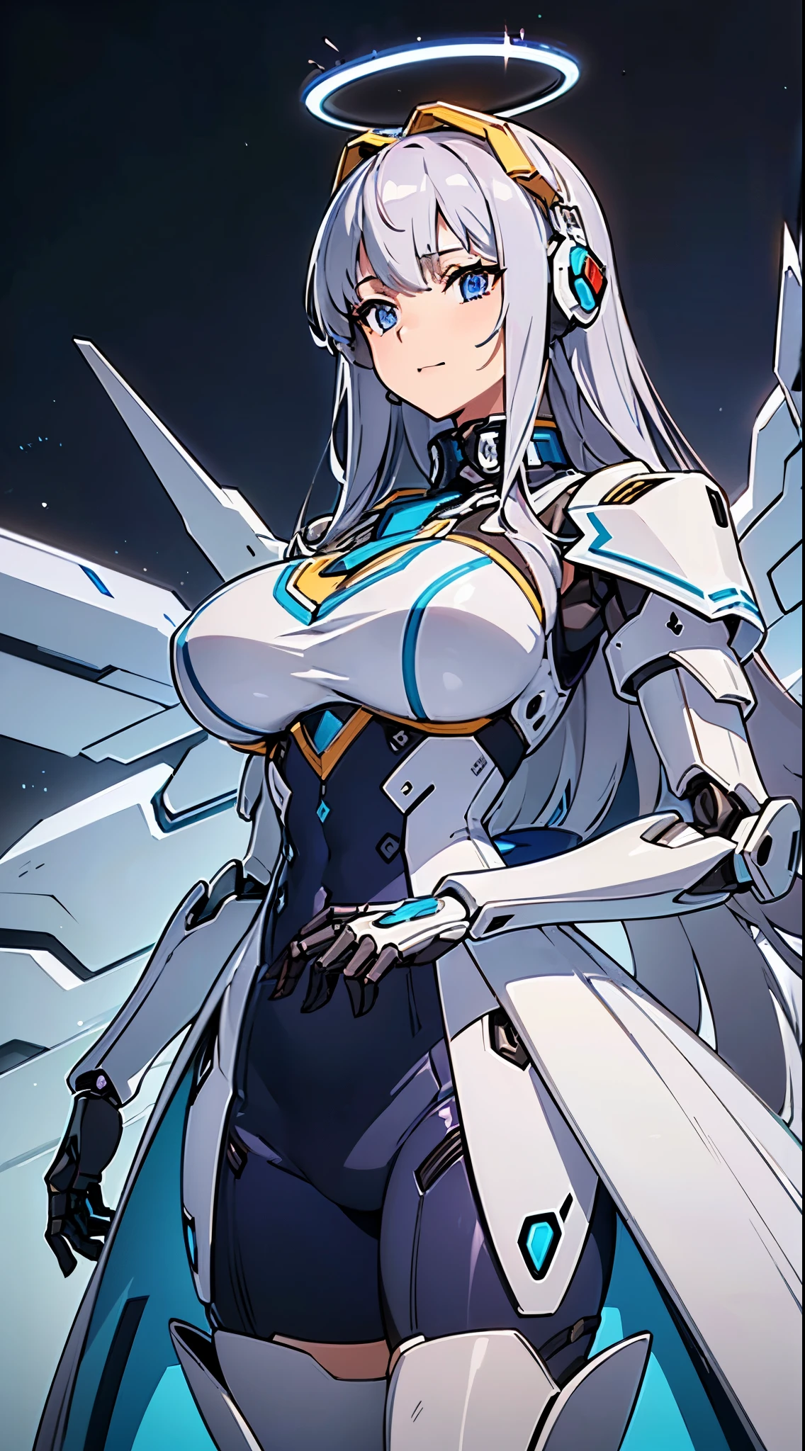 ((Lenses shining on both breasts:1.3))、((A blue pillar of light shines from both of his chests..:1.3))、(Dynamic pose:1.3)、smile、((8k)), ((32k)), ((highest quality)), ((masterpiece)), ((超A high resolution)), ((Tmasterpiece)), ((halo:1.4))、((Mechaニカルheadgear:1.2))、((Cyber Headphones:1.3))Fine skin, High quality fabric, Fine metal texture、((Beautiful and dense face))、RAW Photos、Professional, Ultra-fine painting, ((alone)), Beautiful breasts、highest quality, Very detailed, Very detailed詳細, Finer details, so beautiful, ((Princess Knight Robot:1.2)),  (Joint of the machine, Mechanical Limbs:1.3), (The internal structure of the machine is exposed:1.3), (Long silver hair:1.1), (Beautiful and huge mechanical breasts)、White Veil, cowboy_shot, Side Focus, headgear, Shiny、(Five Fingers, Four fingers and thumb),Concept Art, Anime fantasy artwork, Detailed fantasy art, (with pale blue-violet hair and large white wings,,,,,,), (((Long silver hair))), (Mecha:1.6)、Sleek and intimidating design, ((Commander in Chief&#39;s Arms)), (Perfect robot body)、Pure white and blue-purple 腕or, symmetrical wings, 8k high quality detailed art, 3D rendering of character art in 8K, neat legs, Defined, Defined fingers,((headshot:1.3))