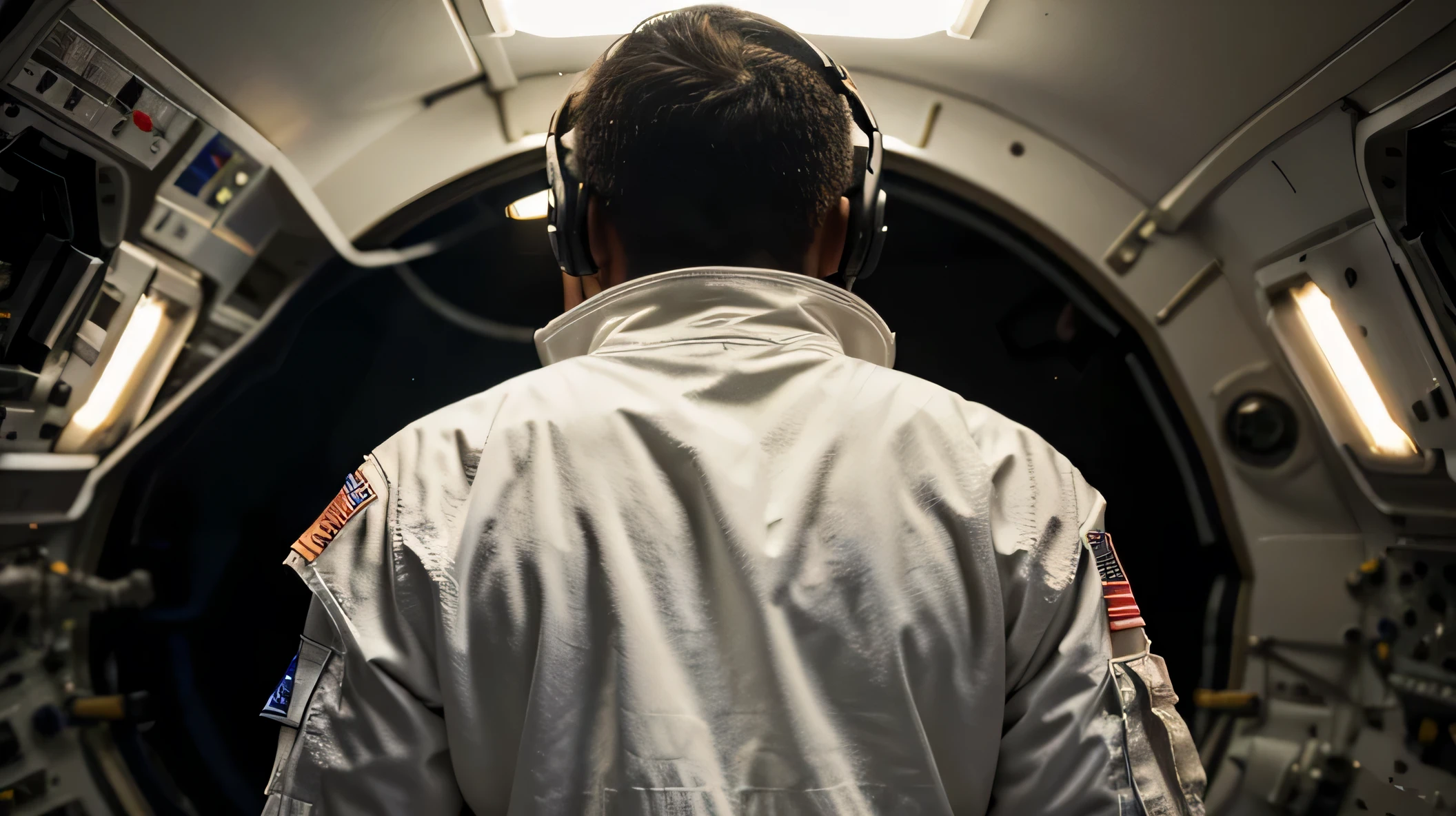 Astronaut with his back facing us, com seu traje completo e capacete fechado. the lighting comes from in front of him.
