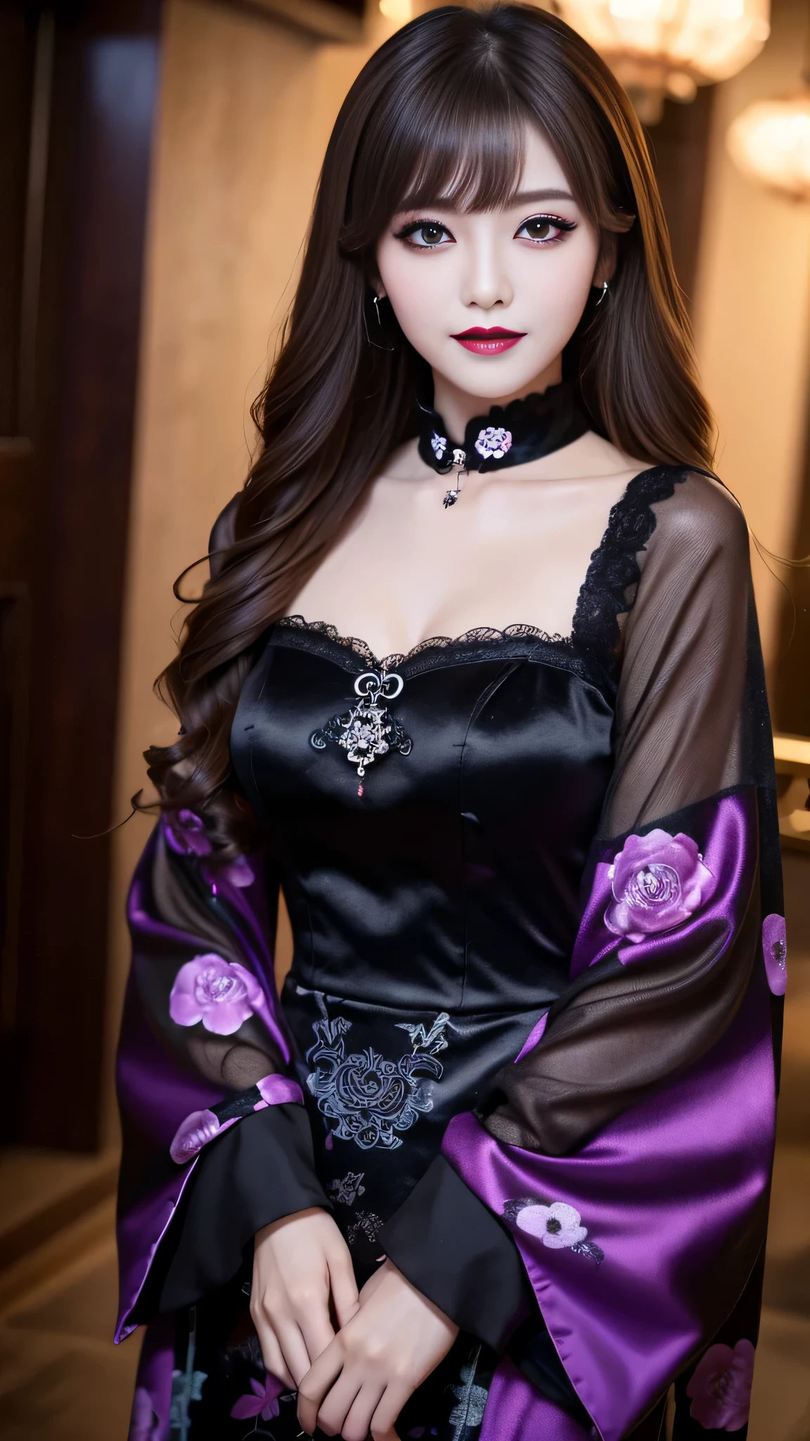 best quality、ultra-detailed、4k、Japanese、Seductive beauty、seductive adult woman、Pretty Woman、cool girl、Villainess、Brainwashed、brainwash、Fallen into evil、smirk、Evil look、Wicked Smile、evil、Brown hair、wavy hair、swept bangs、dark makeup、dark makeup、piercing eyes、hollow eyes,half-closed eyes、Hollow Eyes、Purple Eyeshadow、black lipstick、black lipglos、Long Black Cheongsam、Wide sleeves、night、inside basement、