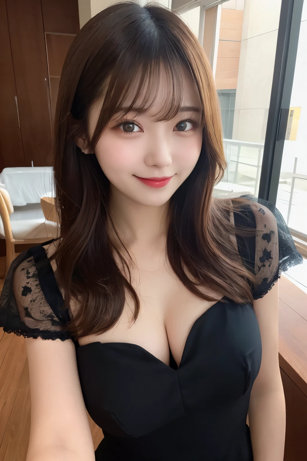 Tabletop, highest quality, figure, Very detailed, In detail, High resolution, 8k wallpaper, Perfect dynamic composition, Beautiful fine details, dress,Medium Hair, ,Big ample breasts, Natural color lip, Random sexy poses,smile，Tokyo、20-year-old girl，cute,close up