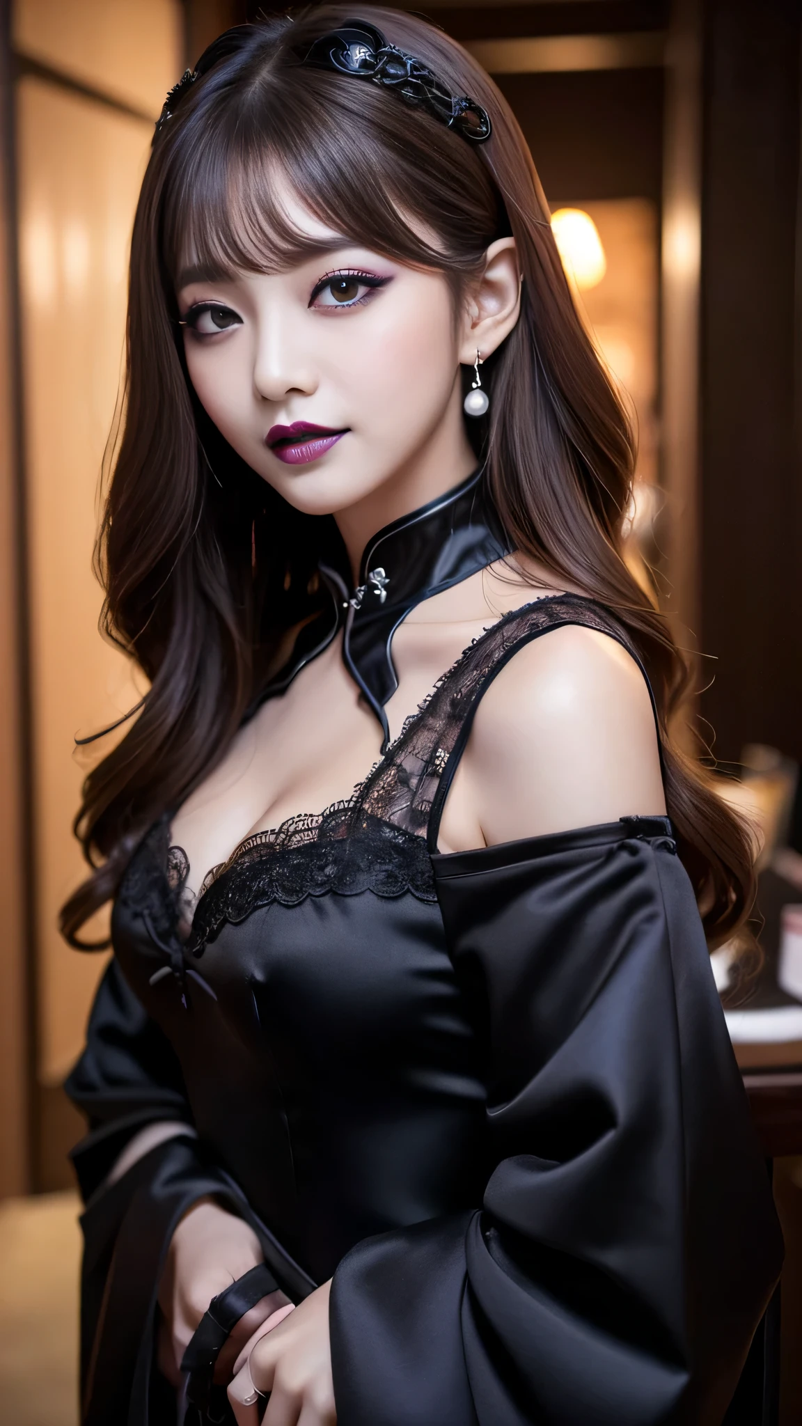 best quality、ultra-detailed、4k、Japanese、Seductive beauty、seductive adult woman、Pretty Woman、cool girl、Villainess、Brainwashed、brainwash、Fallen into evil、smirk、Evil look、Wicked Smile、evil、Brown hair、wavy hair、swept bangs、dark makeup、dark makeup、piercing eyes、hollow eyes,half-closed eyes、Hollow Eyes、Purple Eyeshadow、black lipstick、black lipglos、Long Black Cheongsam、Wide sleeves、night、inside basement、