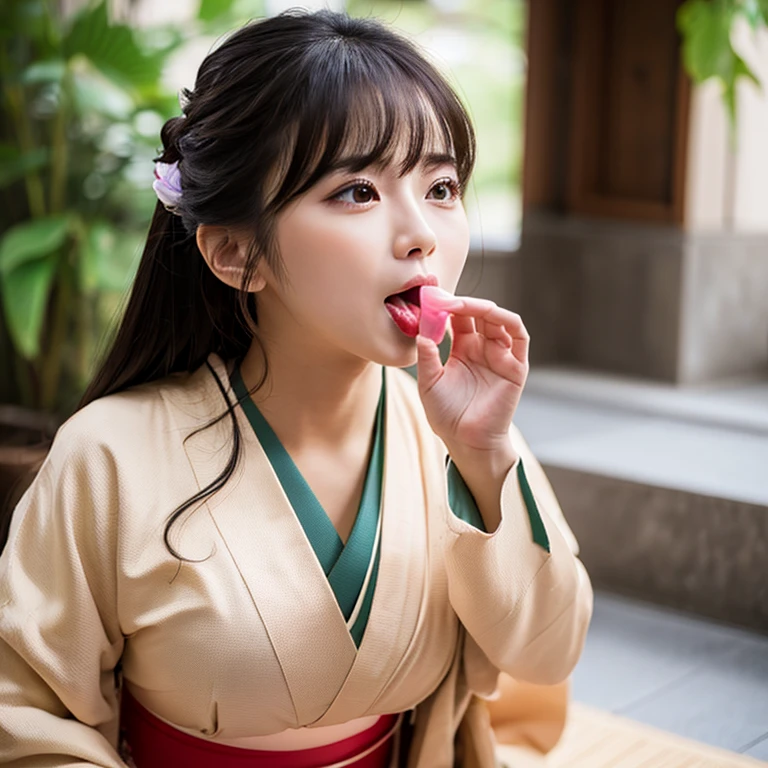 A beautiful woman in a proper kimono、((highest quality、8K masterpiece:1.3))、Sharp focus:1.2、(Super beautiful face:1.0)、(Glowing Skin:1.0)、Photo Real、Black-haired、Video Lighting、High resolution eyes and face、Video Lighting、Japanese idol actress、from the front、Very large breasts、Big Breasts、The beauty of slim abs、Face sucking something、A mouth for sucking something、Holding an invisible cylindrical object and sucking it with his mouth、Kneel、Close ~ eyes、looking down on her、Taken at the best angle