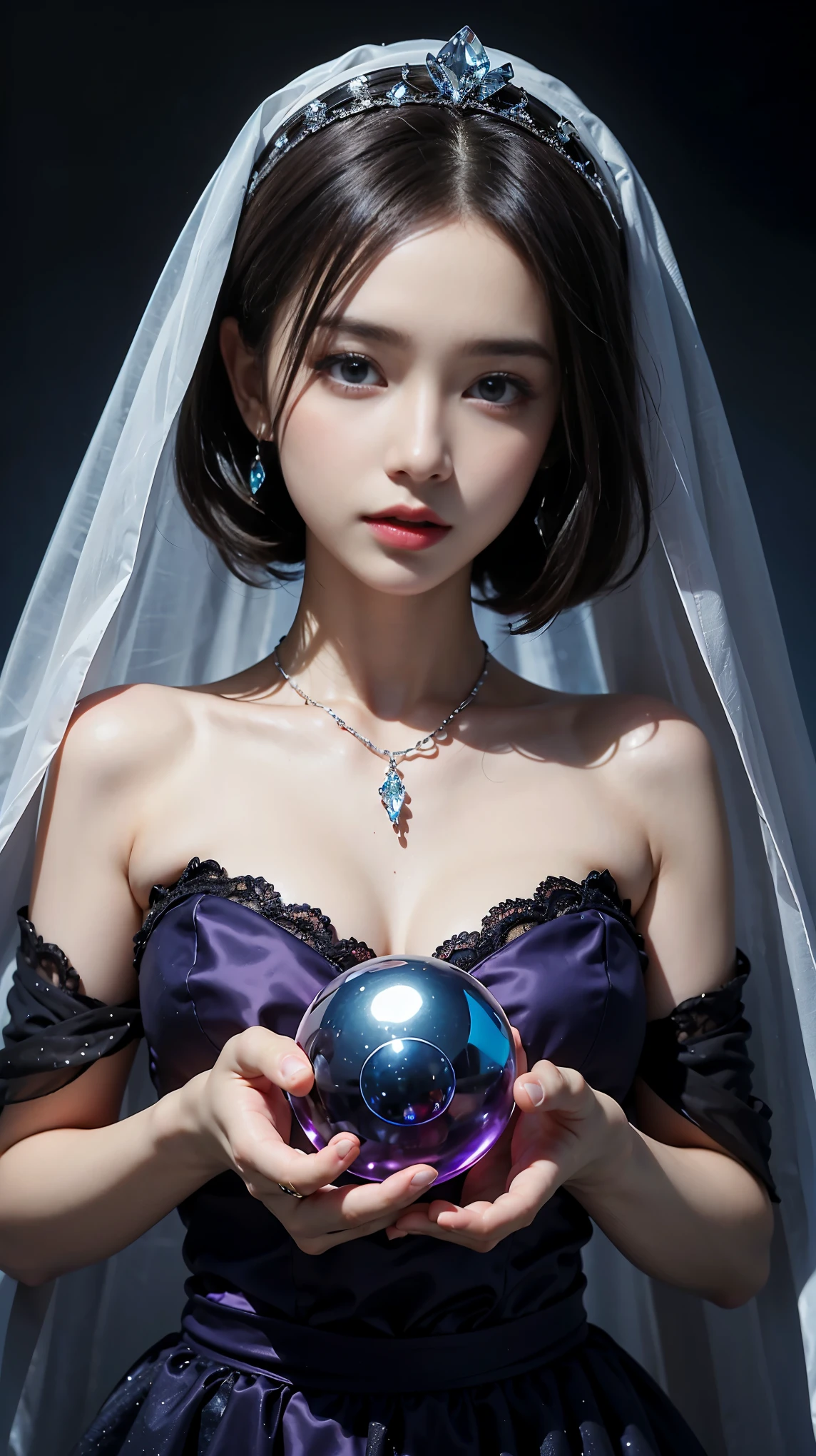 （And soul）（Secondary elements）1 girl、Blue Hair、Hair length、blue eyes、Gradient Eye、Sparkling eyes、Bright Eyes、Finely tuned、Expressive eyes、Blue clothes、gem、blue lighting、Blue Theme、（shape：1.5）、Abstract、highest quality、Very detailed、(((Have a crystal ball)))、8k,超Realistic,(Tabletop, highest quality) Daniela Dimitrescu, 1 female, looking for at Viewer, Open your mouth, background, Cleavage, real skin,jewelry, Small to medium breasts,  looking for, Upper Body, flower, wing, Food, necklace, Cape, good, Compensate, bug, lipstick, Inside the Black Cave, Precious stones, Pale skin, Veil, Food up, Realistic, Black Lips,超A high resolution,Purple Flame(Purple Effect)