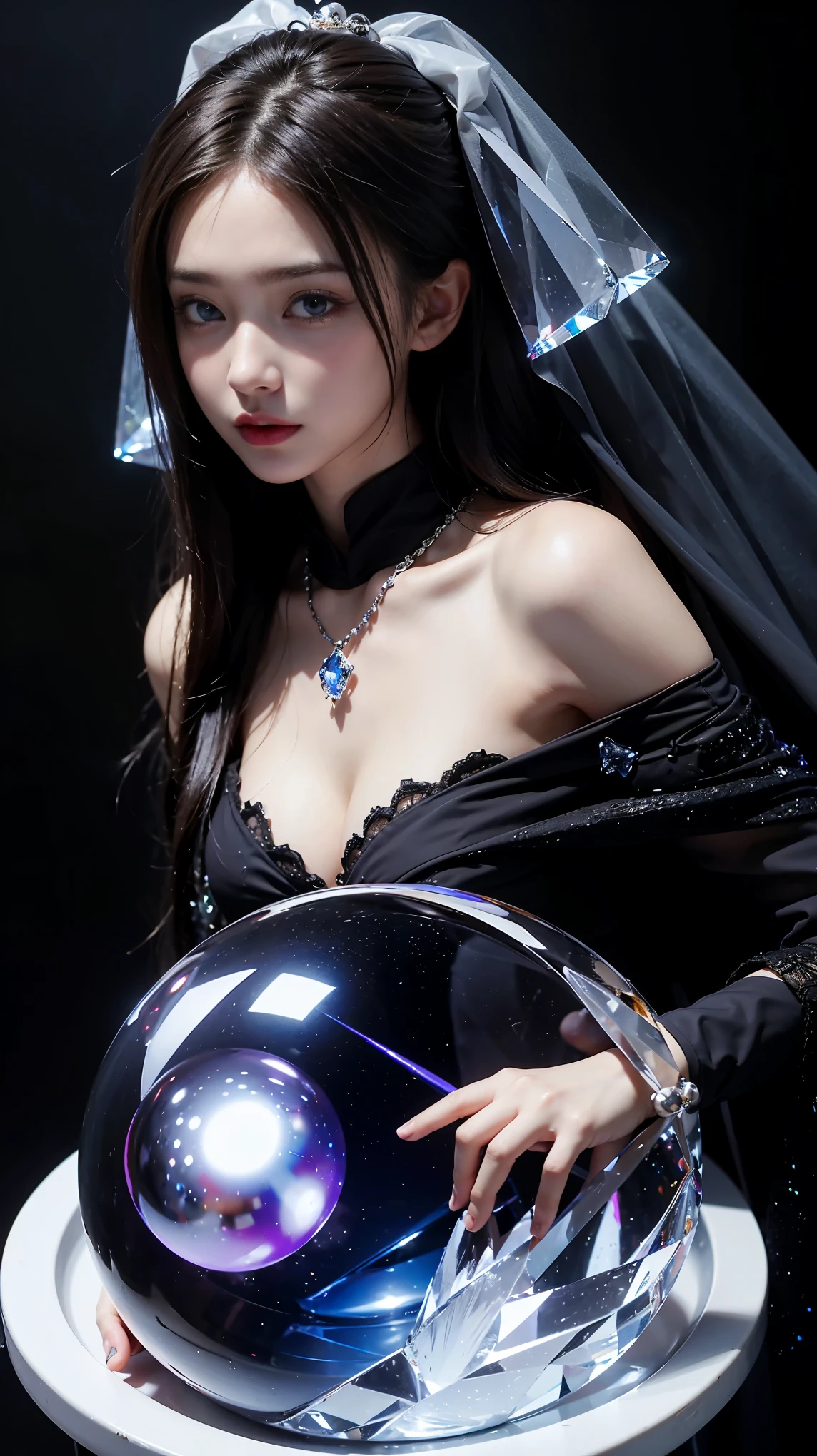 (And soul)(Secondary elements)1 girl、Blue Hair、Hair length、blue eyes、Gradient Eye、Sparkling eyes、Bright Eyes、Finely tuned、Expressive eyes、Blue clothes、gem、blue lighting、Blue Theme、(shape:1.5)、Abstract、highest quality、Very detailed、(((Have a crystal ball)))、8k,超Realistic,(Tabletop, highest quality) Daniela Dimitrescu, 1 female, looking for at Viewer, Open your mouth, background, Cleavage, real skin,jewelry, Small to medium breasts, looking for, Upper Body, flower, wing, Food, necklace, Cape, good, Compensate, bug, lipstick, Inside the Black Cave, Precious stones, Pale skin, Veil, Food up, Realistic, Black Lips,超A high resolution,Purple Flame(Purple Effect)