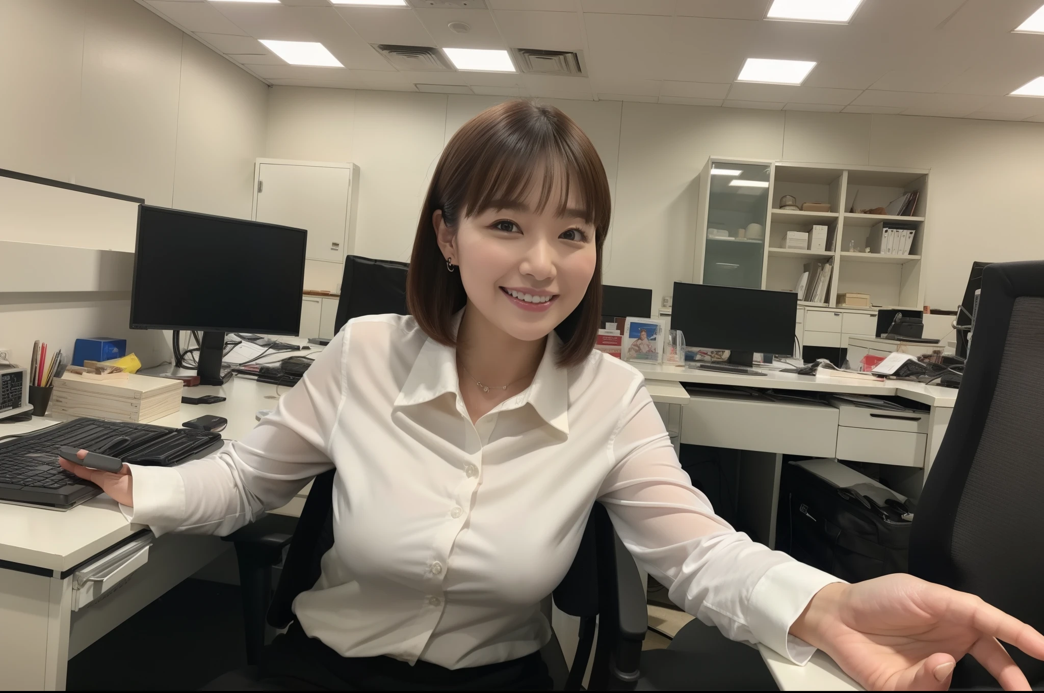 ((highest quality, 8k, Representative works in detail, Ultra-high resolution)), (Group photo), (Looking at the audience), (Mid Shot:), Women only、魅力的なビジネス5 women, 5 women, A little chubby:0.25, White collared shirt, Grey Skirt, (Sitting cross-legged at an office desk)), smile, office with computer,
