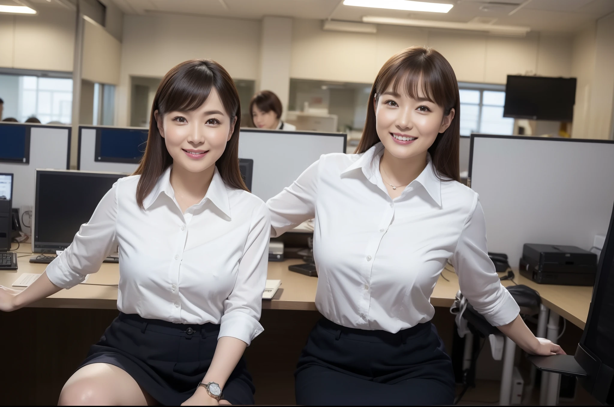 ((highest quality, 8k, Representative works in detail, Ultra-high resolution)), (Group photo), (Looking at the audience), (Mid Shot:), Women only、魅力的なビジネス5 women, 5 women, A little chubby:0.25, White collared shirt, Grey Skirt, (Sitting cross-legged at an office desk)), smile, office with computer,