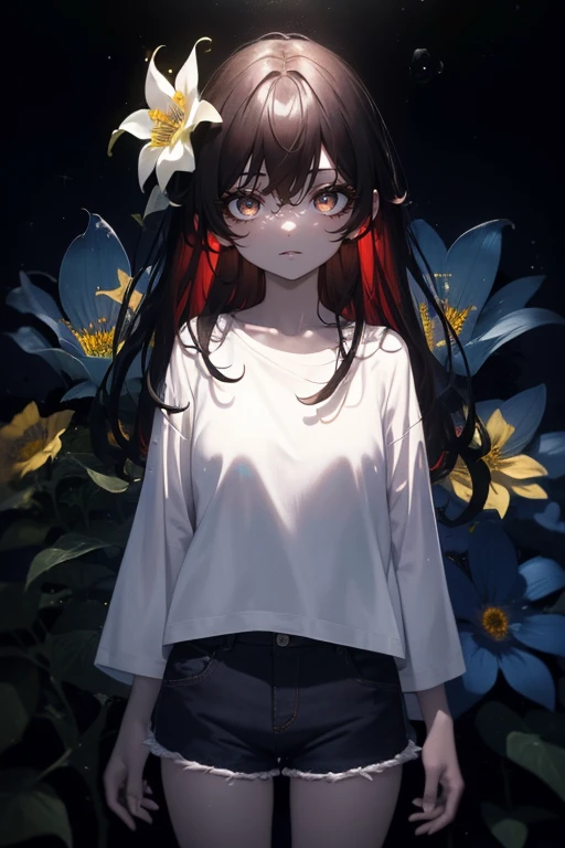 ((((Obra maestra, La mejor calidad, ultrahigh resolution)))), 1girl, standing, (baggy white t-shirt, loose fitting blue shorts), long back hair, long dark black hair, pale skin, ((shining brown eyes)), ((ultra detailed eyes:1, beautiful and detailed face, detailed eyes:0.5)), empty eyes, smile, (((darkness, LSD flowers, beautiful lighting))), ((glowing_eyes))