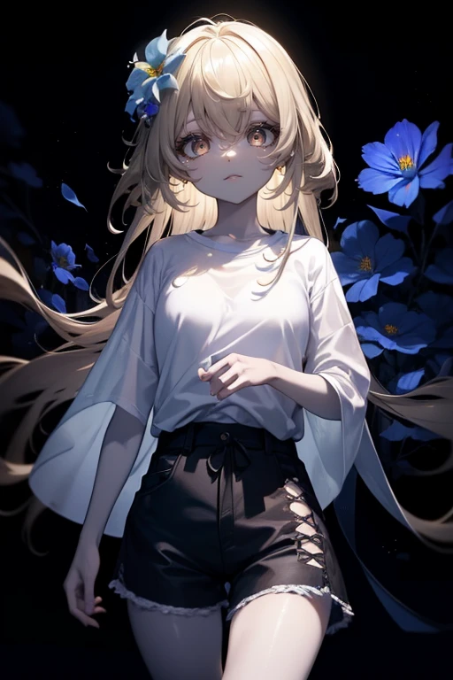 ((((Obra maestra, La mejor calidad, ultrahigh resolution)))), 1girl, standing, (baggy white t-shirt, loose fitting blue shorts), long back hair, long dark black hair, pale skin, ((shining brown eyes)), ((ultra detailed eyes:1, beautiful and detailed face, detailed eyes:0.5)), empty eyes, smile, (((darkness, LSD flowers, beautiful lighting))), ((glowing_eyes))