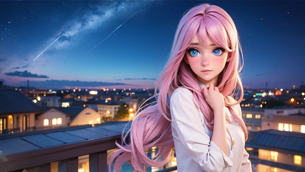 (best quality,realistic:1.37),blue delicate eyes,embarrassed,blushing,beautiful detailed lips,vivid colors,soft lighting, standing on the top of the rooftop, starry night