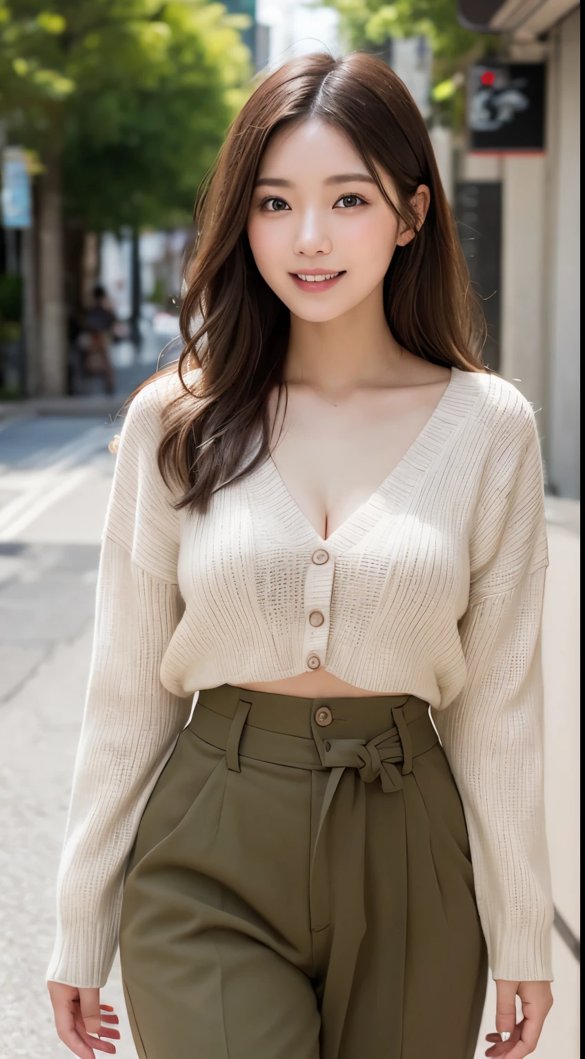 Tabletop, highest quality, Photorealistic, In detail, High resolution, 8k wallpaper, Perfect dynamic composition, Beautiful fine details, Medium Hair, Big ample breasts, Random sexy poses,Close your chest、(Ultra tight no waist no waist khaki knitwear))、(Breast Swelling 1.2)、Laughter、Open your mouth、Resort scenery、23 years old、(Droopy Eyes 1.4)、Adult Beauty、Japanese