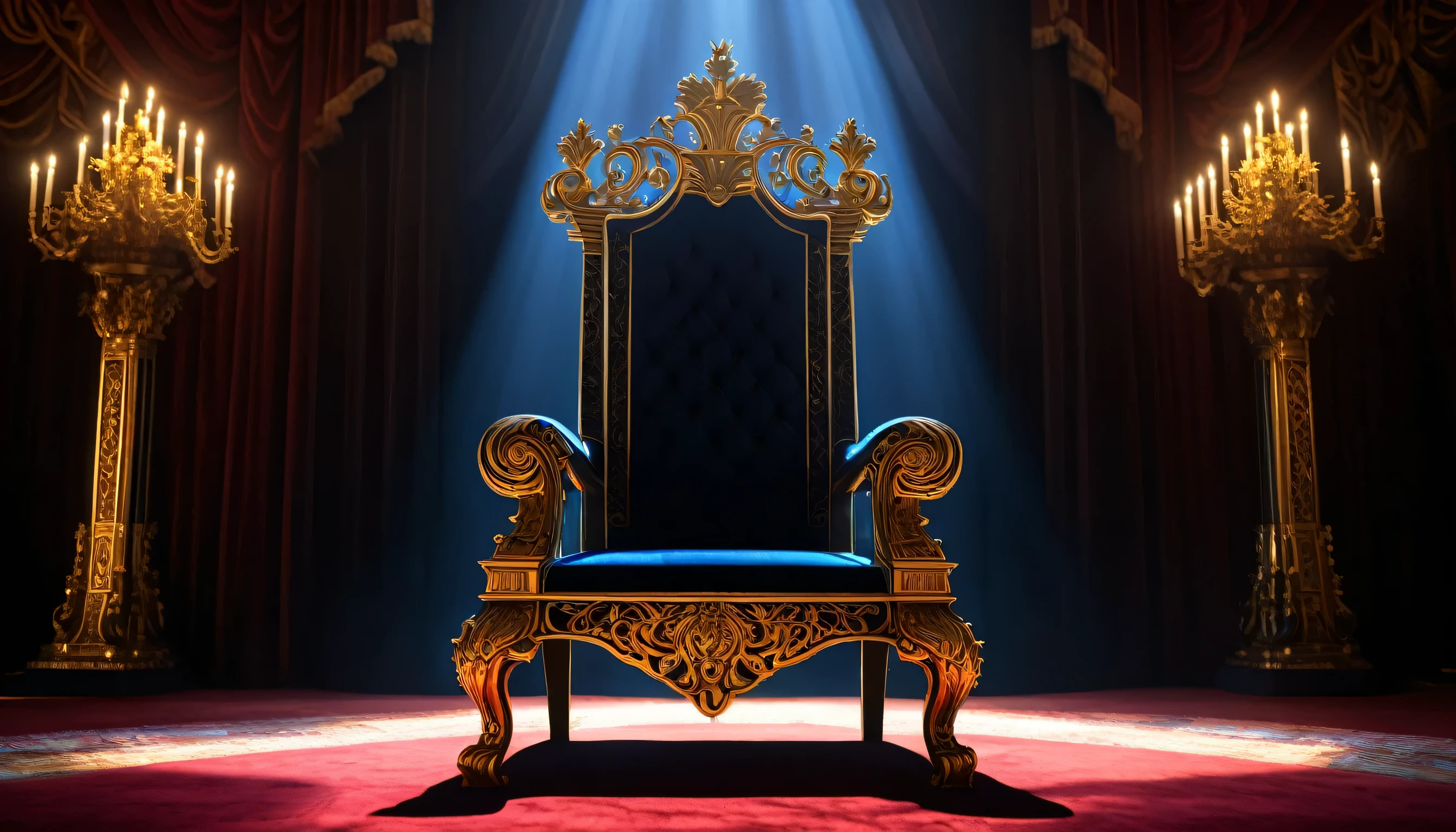 An artistic interpretation of the king's chair, imbued with an aura of power and authority, its imposing silhouette and ornate design symbolizing the sovereignty of the monarch, Artistic King's Chair, Royal Majesty, Sovereign Symbol, Digital Painting, Regal Atmosphere, Adobe Photoshop, Medium Shot, Dramatic Lighting, High Detail, 4K Resolution