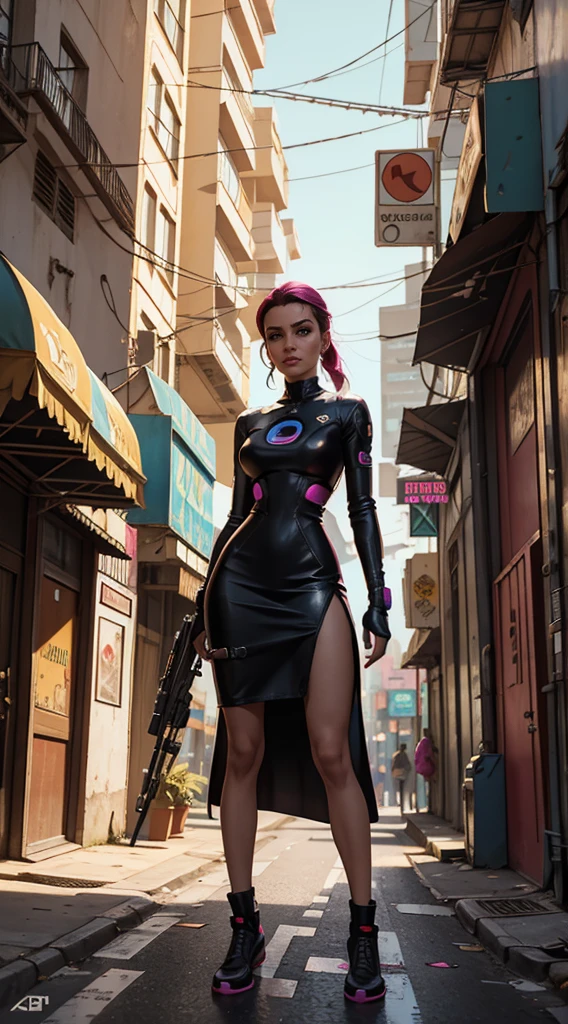 Mulher de 25 anos, com vestido estilo cyberpunk, com fenda, em uma rua de dia a luz do sol. She's on a cyberpunk street. Corpo inteiro.