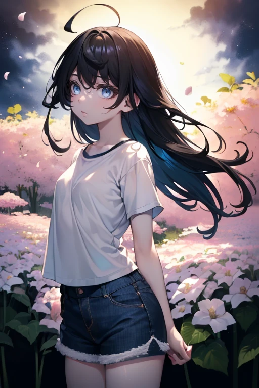 ((((Obra maestra, La mejor calidad, ultrahigh resolution)))), 1girl, standing, ((baggy white t-shirt, loose fitting blue shorts, black hair, dark black hair)), long hair cut, pale skin, ((brown eyes)), glowing_eyes, neon eyes, (ultra detailed eyes:0.7, beautiful and detailed face, detailed eyes:0.9), ((centered)), smile, ((wide shot)), facing viewer, (((vibrant background of outside, flowers, bright lighting, summer, sunlight))), flat chested, looking at viewer, ((half closed eyes)), ((perfect hands)), ((head:1, hips, elbows, arms, in view)), ((hands behind back)), empty eyes, beautiful lighting, defined subject, 25 years old, ((cool looking))