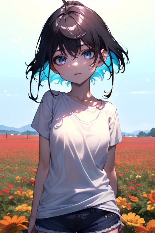 ((((Obra maestra, La mejor calidad, ultrahigh resolution)))), 1girl, standing, ((baggy white t-shirt, loose fitting blue shorts, black hair, dark black hair)), long hair cut, pale skin, ((brown eyes)), glowing_eyes, neon eyes, (ultra detailed eyes:0.7, beautiful and detailed face, detailed eyes:0.9), ((centered)), smile, ((wide shot)), facing viewer, (((vibrant background of outside, flowers, bright lighting, summer, sunlight))), flat chested, looking at viewer, ((half closed eyes)), ((perfect hands)), ((head:1, hips, elbows, arms, in view)), ((hands behind back)), empty eyes, beautiful lighting, defined subject, 25 years old, ((cool looking))