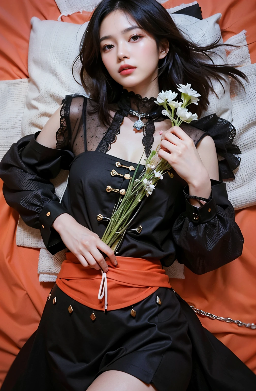 (Best quality, 8k, 32k, Masterpiece, UHD:1.2) "Generate a captivating artwork featuring a young Japanese girl model with short, sleek black hair styled in a chic bob haircut. Envision her bathed in dramatic cinematic lighting, creating an atmosphere of allure and mystery. Emphasize a romantic aesthetic vibe, showcasing the model in a poised and elegant pose that evokes a sense of intimacy and sophistication. Utilize warm and soft tones to enhance the romantic ambiance, and consider incorporating elements like flowing fabrics or flowers to add a touch of ethereal beauty. Capture the essence of romance and beauty through the model's expression, the play of light and shadows, and the overall aesthetic, creating a visually compelling and emotionally resonant piece." (perfect eyes), flawless skin, flawless face, cinematic, tight body, ((well-proportion female hands)), ((female hands with five digits)) ((Body is well proportioned)), ((chic bob haircut)), soft focus ((Short Black Hair)),