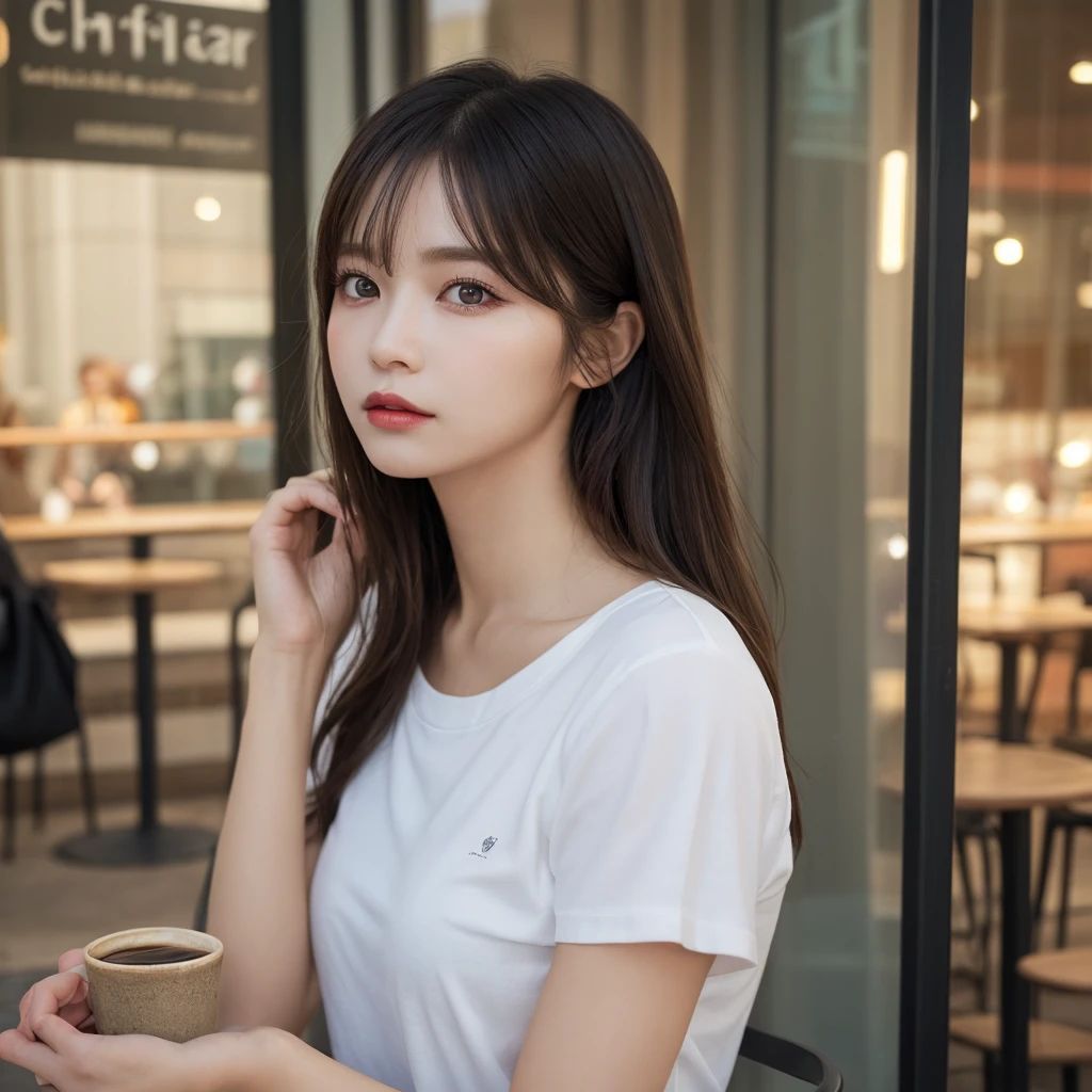 woman, (Realistic), (Hyperrealism), (photoRealistic), Depth of written boundary, eye make up:0.5, (Upper Body:1.2), (Tight waist:0.7), Watching the audience, Casual clothing, On the city streets, alone,Cafe
