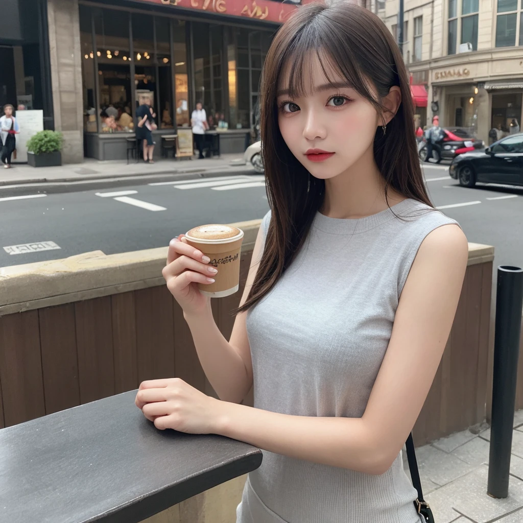 woman, (Realistic), (Hyperrealism), (photoRealistic), Depth of written boundary, eye make up:0.5, (Upper Body:1.2), (Tight waist:0.7), Watching the audience, Casual clothing, On the city streets, alone,Cafe