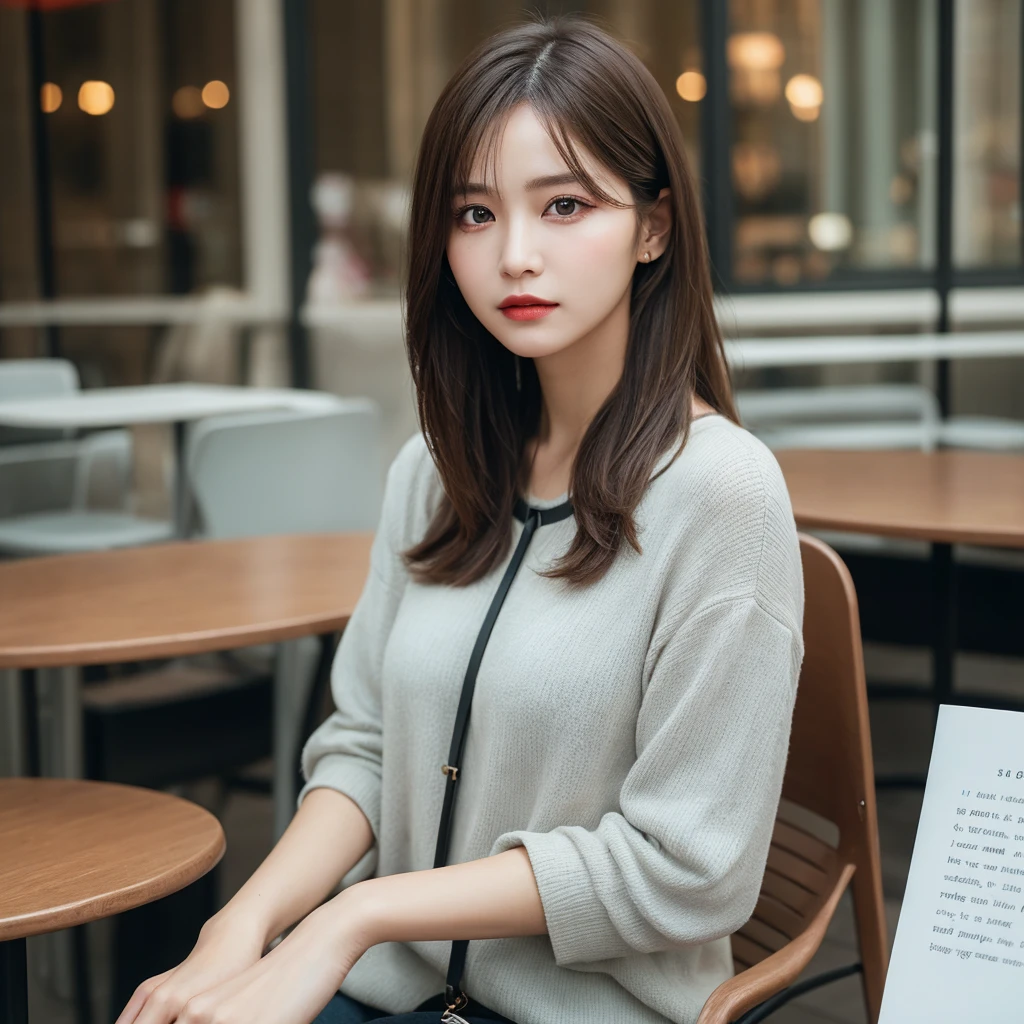 woman, (Realistic), (Hyperrealism), (photoRealistic), Depth of written boundary, eye make up:0.5, (Upper Body:1.2), (Tight waist:0.7), Watching the audience, Casual clothing, On the city streets, alone,Cafe