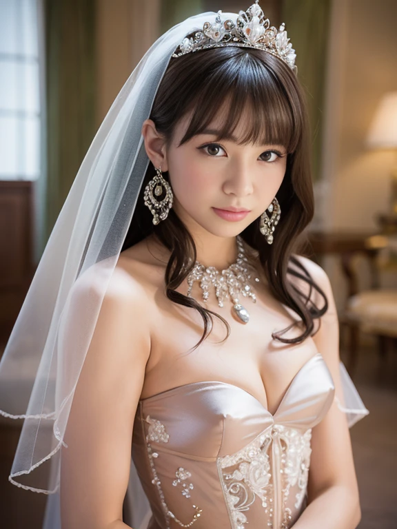 high quality、High resolution、masterpiece、sharp focus、realistic、photo-realistic、RAW photo、cinematic lighting、Photorealistic portrait of stunningly beautiful woman、slight smile、brown eyes、Natural textures、rich colors、ultra realistic texture、cowboy shot、Chignon's hairstyle、short black hair、glowing skin、light smile、(Small breasts:1.1)、Off-the-shoulder white wedding dress、Snow White Veil、choker、silver tiara、necklace、earrings、highly detailed face、fine eyes、looking at the viewer、Luxurious rooms in the palace、focus on face、detailed hand drawn、Detailed chest depiction, sexy belly