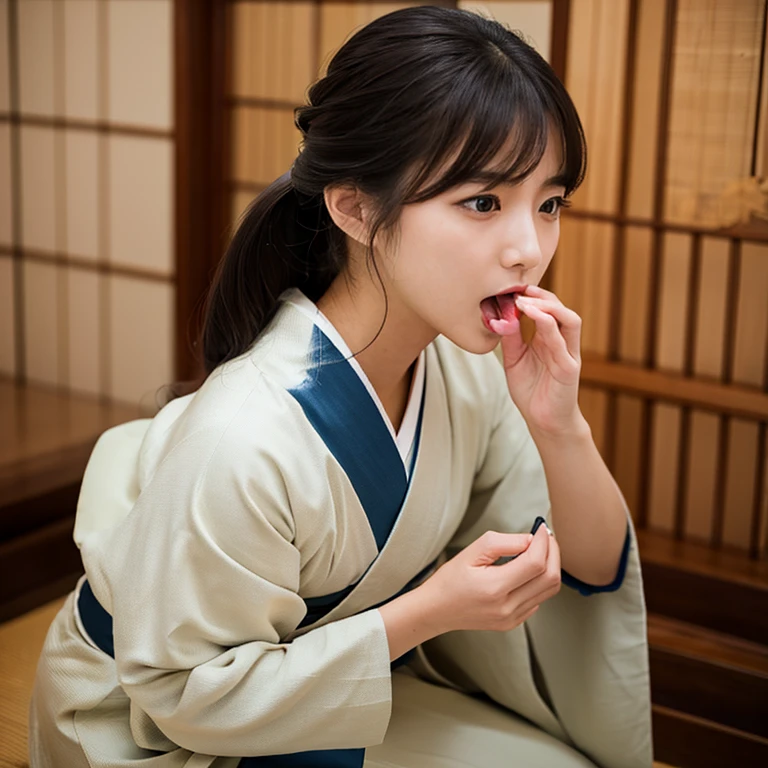A beautiful woman in a proper kimono、((highest quality、8K masterpiece:1.3))、Sharp focus:1.2、(Super beautiful face:1.0)、(Glowing Skin:1.0)、Photo Real、Black-haired、Video Lighting、High resolution eyes and face、Video Lighting、Japanese idol actress、from the front、Very large breasts、Big Breasts、The beauty of slim abs、Face sucking something、A mouth for sucking something、Holding an invisible cylindrical object and sucking it with his mouth、Kneel、Close ~ eyes、looking down on her、Taken at the best angle
