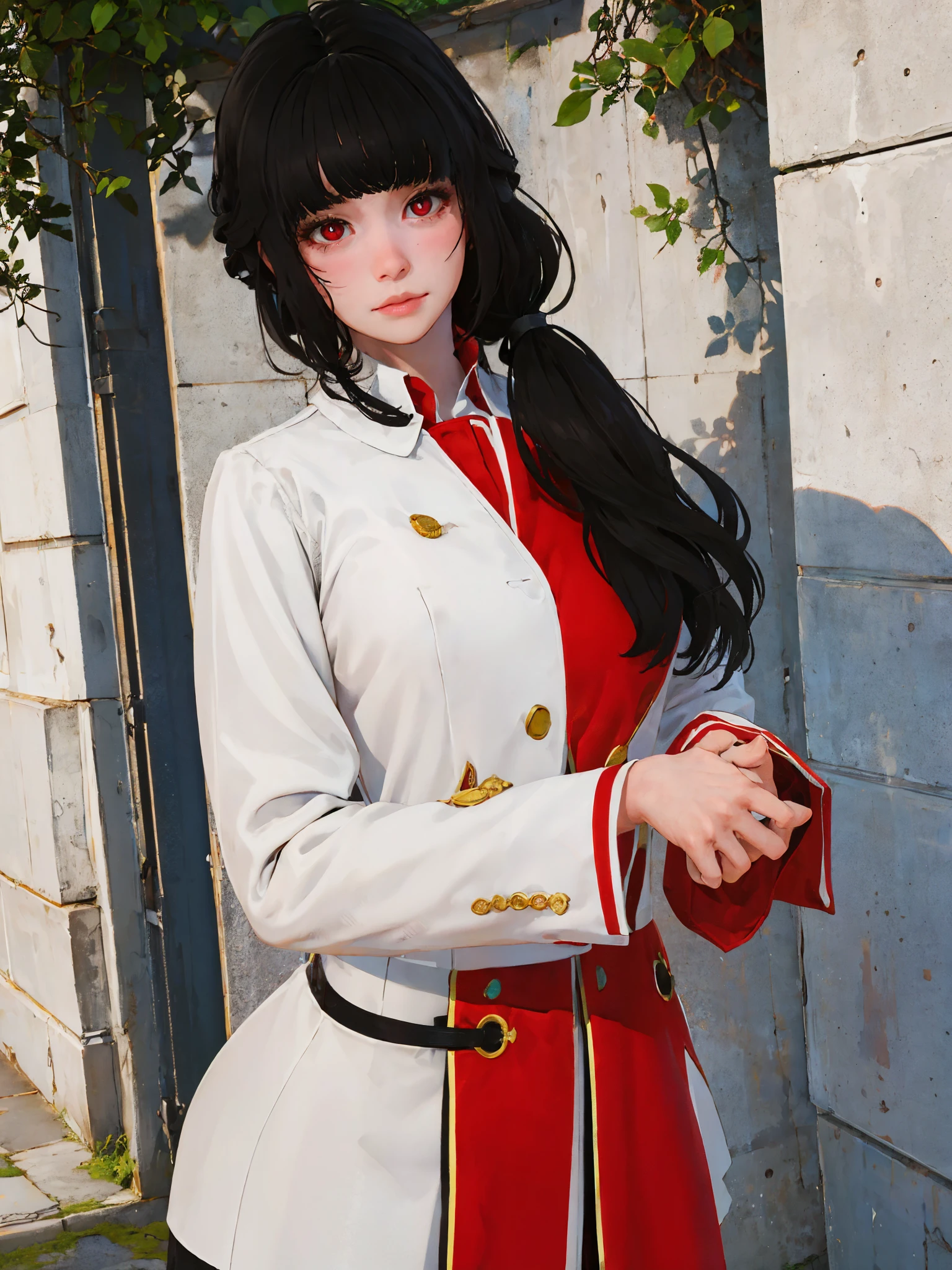 masterpiece, highly detailed, best quality, 1girl, solo, Luna, black hair, loose low tied hair, red eyes, uniform
