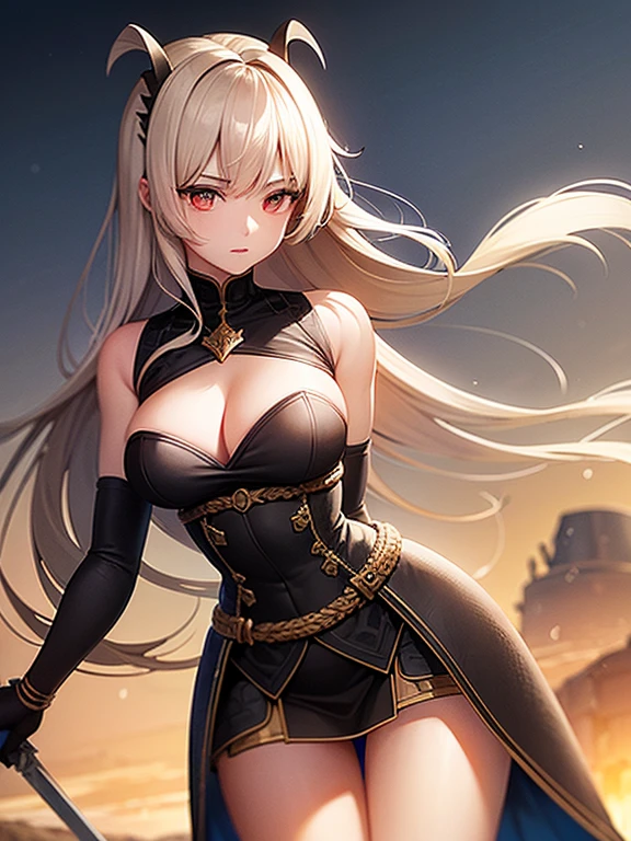 At the top of a steep hill, against the twilight horizon, an imposing figure stands with majesty. A woman, wearing full armor, stands at the highest point of the terrain, gazing determinedly into the valley below. Her helmet is adorned with intricate details, with a visor that reveals only her resolute eyes, shining with the golden light of the setting sun.
Her armor, polished to an impeccable shine, is a masterpiece of craftsmanship, each plate meticulously forged to offer maximum protection without compromising mobility. Each piece gleams as it reflects the last rays of sunlight, creating a striking contrast with the somber landscape around her.
In her right hand, she holds a longsword, whose gleaming blade seems eager to challenge any adversary that dares to cross her path. In the left, a shield adorned with a familiar crest, symbol of her lineage and heritage.
The wind gently stirs the cape that envelops her shoulders, highlighting her firm and confident posture. She is a fearless warrior, a defender of her realm and her people, ready to face any challenge that fate may hold.
Around her, the medieval scenery unfolds in all its grandeur. Castle towers rise against the orange-tinted sky, while verdant fields stretch as far as the eye can see. The distant sound of church bells and the clashing of swords echo through the air, reminding her of the constantly conflicted world she has sworn to protect.
In this solemn moment, she prepares to descend the steep slope toward the valley below, where destiny awaits with its challenges and dangers. But she does not falter; her heart is filled with courage and determination, ready to face any battle that life may present her.