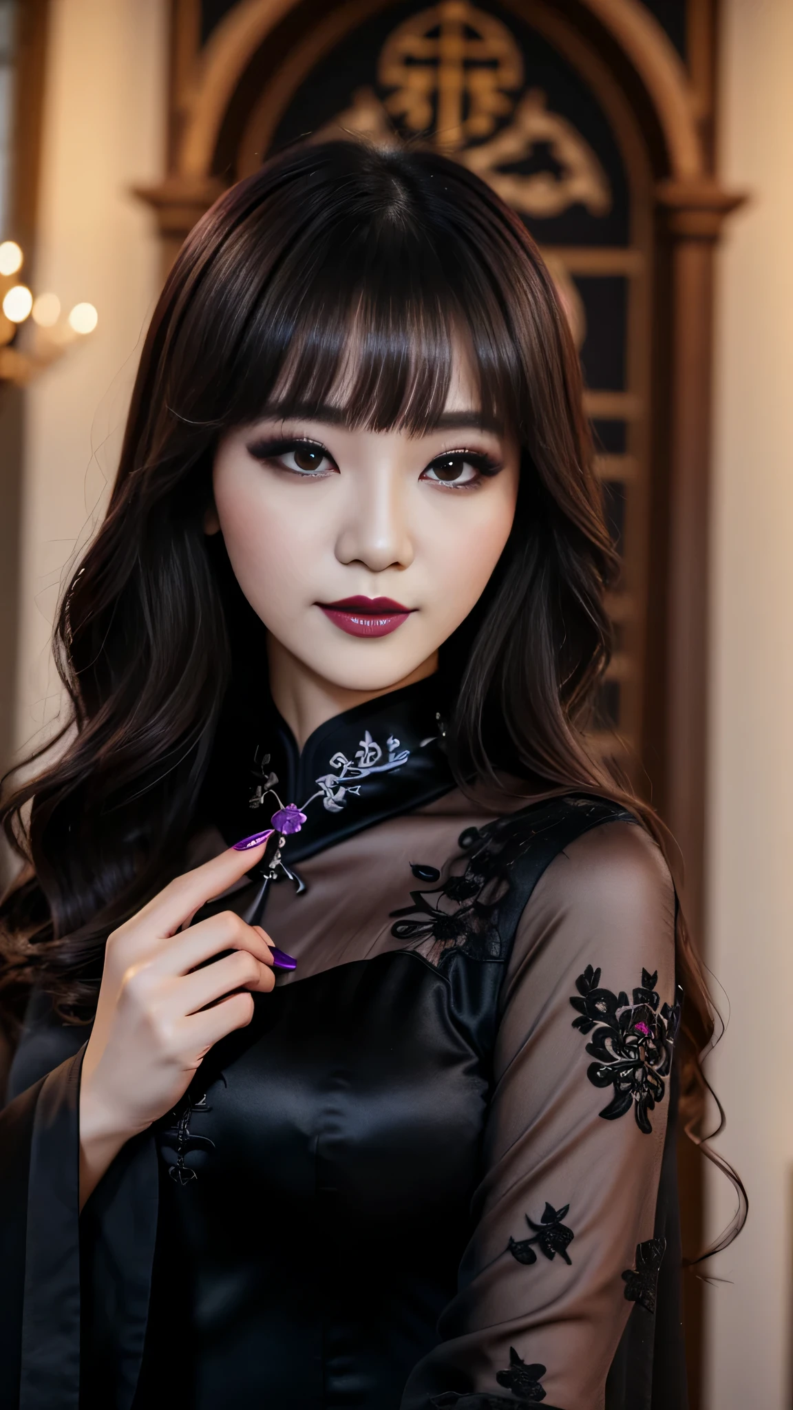 best quality、ultra-detailed、4k、Japanese、Seductive beauty、seductive adult woman、Pretty Woman、cool girl、Villainess、Brainwashed、brainwash、Fallen into evil、smirk、Evil look、Wicked Smile、evil、Brown hair、wavy hair、swept bangs、dark makeup、dark makeup、piercing eyes、hollow eyes,half-closed eyes、Hollow Eyes、Purple Eyeshadow、black lipstick、black lipglos、Long Black Cheongsam、Wide sleeves、night、inside church、Applying lipstick