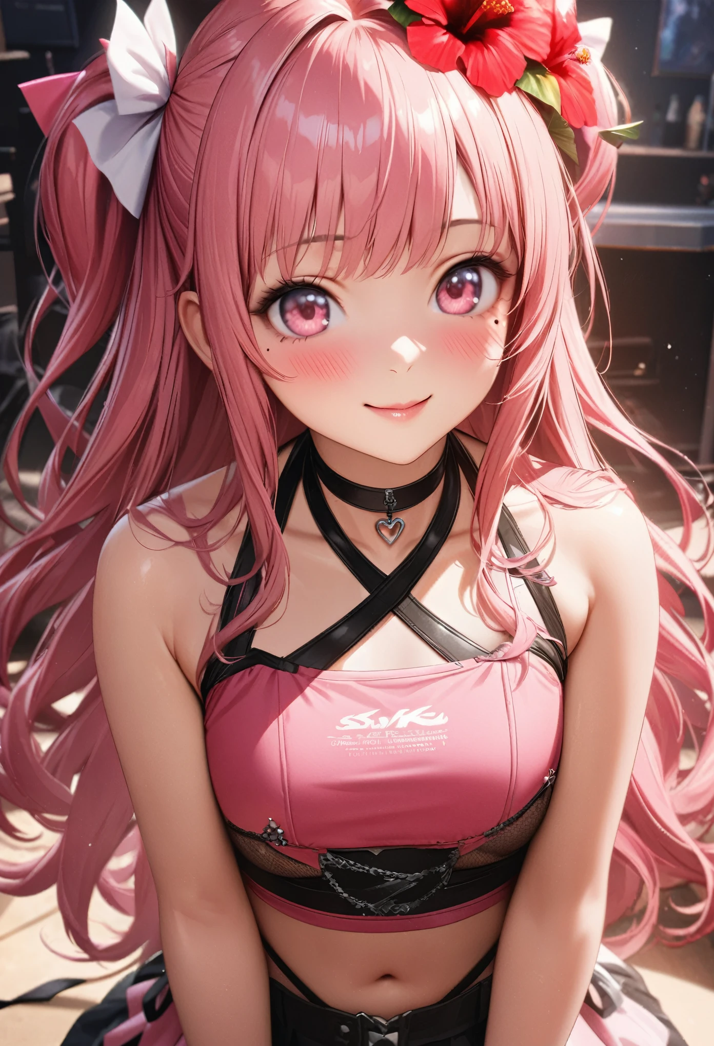 masterpiece,highest quality, Very detailed, High resolution, expensive resolution, High resolution, 4K, 8k, unity 8k wallpaper, Very detailed CG, masterpiece, 2D, 3D, Beautiful details, depth, Fine texture , highest quality: 1.3, Fully focused, Crispy.skin, .he,
Very cute anime girl 、idol, bikini、Large Breasts、Pink medium-long hair wearing expensive , Mole under the eye, looking at the viewer , expensive , blush, Mole, Lips parted, Pink Eyes, Heart-shaped choker smile