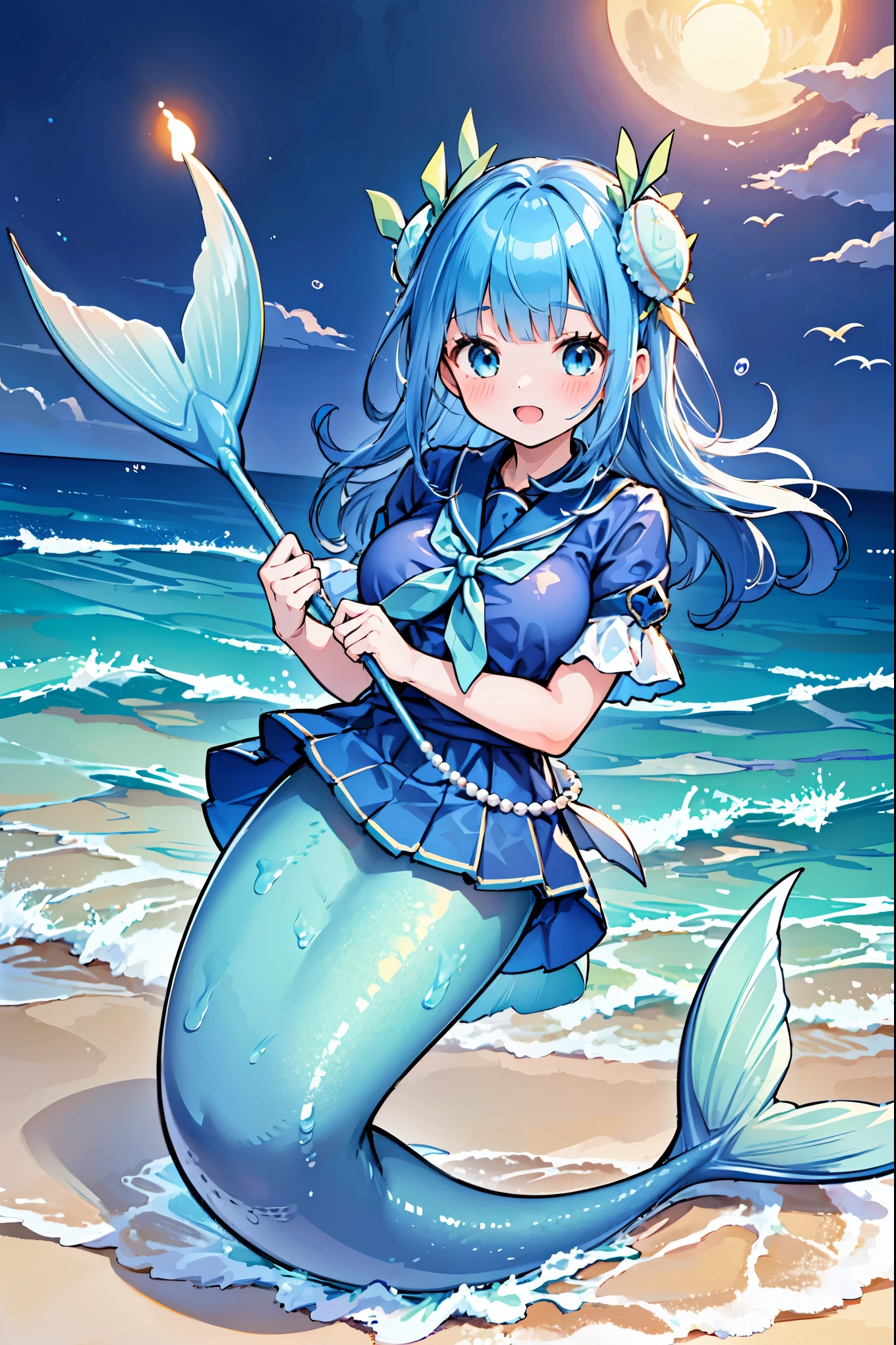 masterpiece, best quality(Full fingers),A woman,Large Breasts,Mermaid,Blue shirt,Blue Skirt,藍色的Mermaid尾巴,full-body shot,seabed,Underwater,swim in the sea,charming脸(Kawaii, charming,Soft)