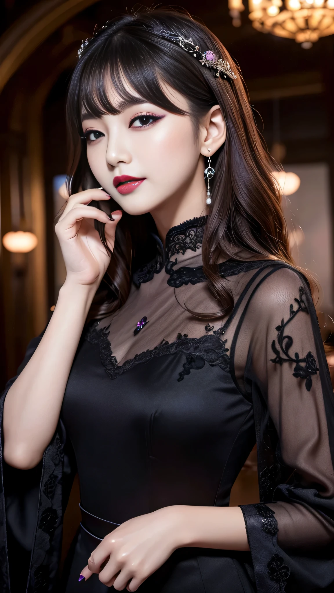 best quality、ultra-detailed、4k、Japanese、Seductive beauty、seductive adult woman、Pretty Woman、cool girl、Villainess、Brainwashed、brainwash、Fallen into evil、smirk、Evil look、Wicked Smile、evil、Brown hair、wavy hair、swept bangs、dark makeup、dark makeup、piercing eyes、hollow eyes,half-closed eyes、Hollow Eyes、Purple Eyeshadow、black lipstick、black lipglos、Long Black Cheongsam、Wide sleeves、night、inside church、Applying lipstick