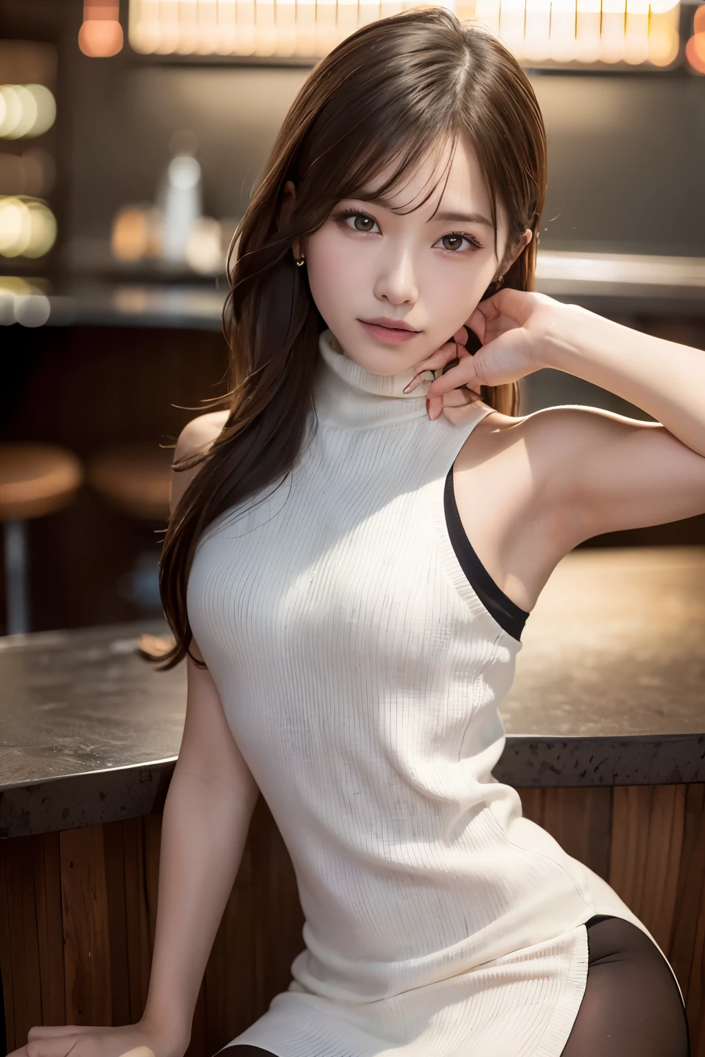 (masterpiece:1.3), High resolution, Super detailed, Highly detailed CG Unity 8k wallpaper, Realistic, photo-Realistic, RAW Photos, Beautifully detailed face, Pale skin, Realistic glistening skin, Detailed cloth texture, Detailed hair texture, Perfect body, Beautiful Face, Accurate, Anatomically correct, Highly detailed face and skin texture, Natural neck length, (Beautiful Hands), Fair skin,
break,
Fine grain, Symmetrical eyes, Light brown eyes, double eyelid, Thin eyebrows, (Sexy lips:1.3), (glossy lips:1.4),
break,
(classy and cute girl:1.3), ((Wearing a sleeveless turtleneck white knit dress:1.3)), (Hard chest, Shapely breasts, Slim figure:1.1), Toned Abs, (very seductive face:1.2), (Blonde, Multicolored inner hair), ((flowing bangs:1.2)),
break,
(At a stylish bar at night、She is sitting on a bar stool at the counter in a seductive pose.:1.2), (Cowboy Shot:1.2), Glancing sideways, From the side:0.65,
