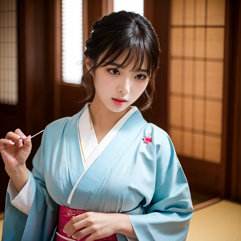 A beautiful woman in a proper kimono、((highest quality、8K masterpiece:1.3))、Sharp focus:1.2、(Super beautiful face:1.0)、(Glowing Skin:1.0)、Photo Real、Black-haired、Video Lighting、High resolution eyes and face、Video Lighting、Japanese idol actress、from the front、Very large breasts、Big Breasts、The beauty of slim abs、Face sucking something、A mouth for sucking something、Holding an invisible cylindrical object and sucking it with his mouth、Kneel、Close ~ eyes、looking down on her、Taken at the best angle