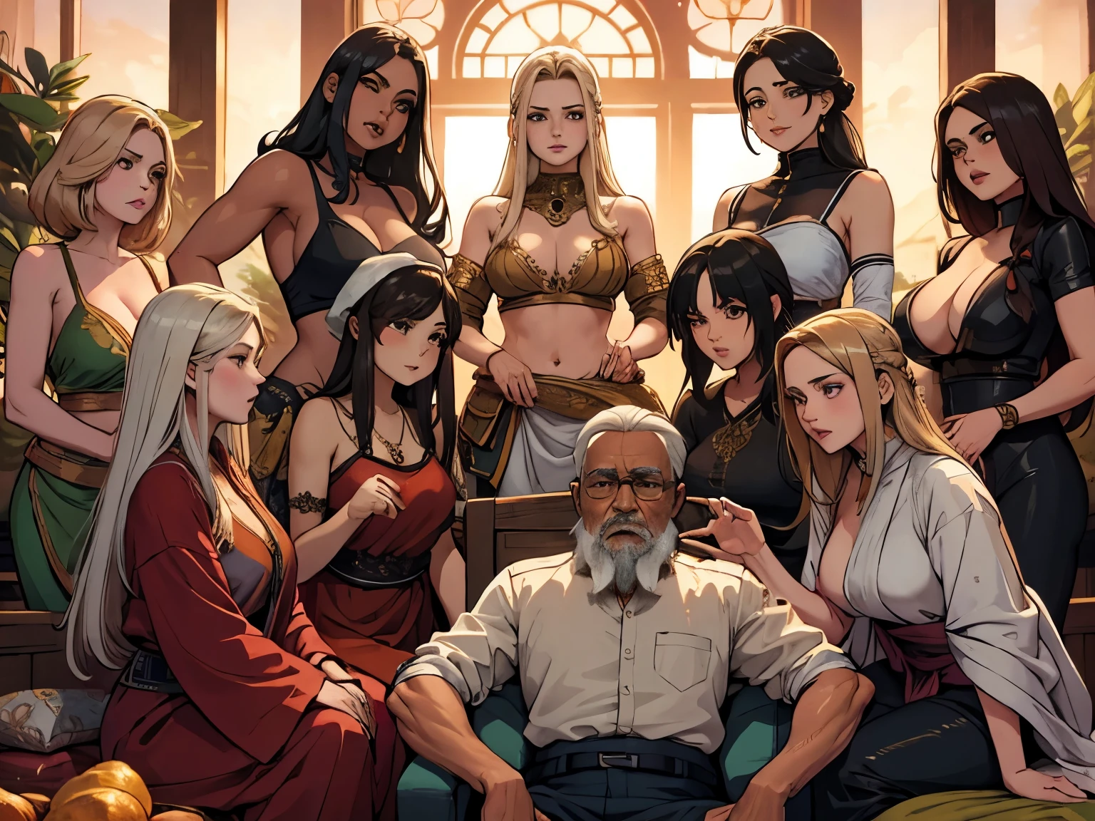 old indian man surrounded by a harem of beautiful white girl, dozens of girls