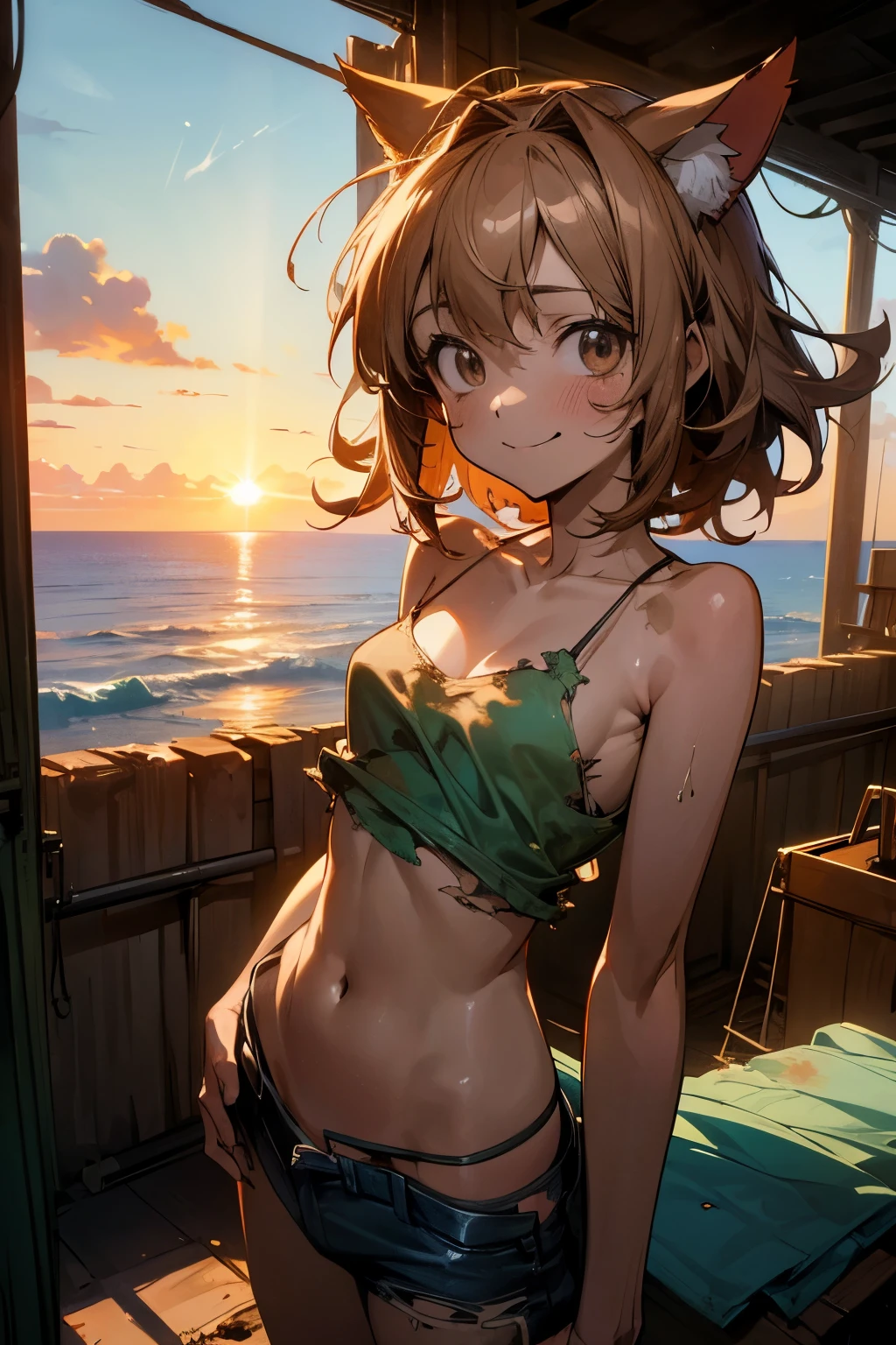 ((Masterpiece)), ((best quality)), (Anime:1.5), (RAW photo:1.2),(High Definition:1.3), (Professional Photography:1.2), ((s old)), wide shot, (sunset), Very messy medium hair, (slightly exposed small breast), Beautiful small breasts, (Tattered tube top, torn tube top), no bra, dirty, Slender body, (Waving), (rusty, dirty room), Sweaty skin, Smiling face, Textured skin, Cat ears, Pale brown hair, Cute Beautiful Girl, (View of the sea and slums)