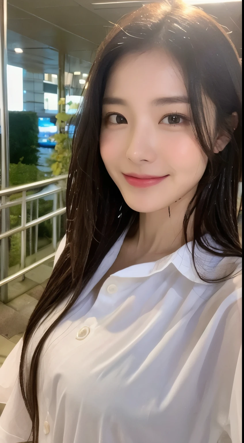 ((highest quality, 8k, masterpiece: 1.3)), Sharp focus: 1.2, Beautiful woman with perfect figure: 1.4, Slim Abs: 1.2, (Layered Hairstyles,: 1.2)), (Wet White Button Long Shirt: 1.3), rain: 1.3, Night Street: 1.2, Wet body: 1.1, Highly detailed face and skin texture, Fine grain, double eyelid, , smile,