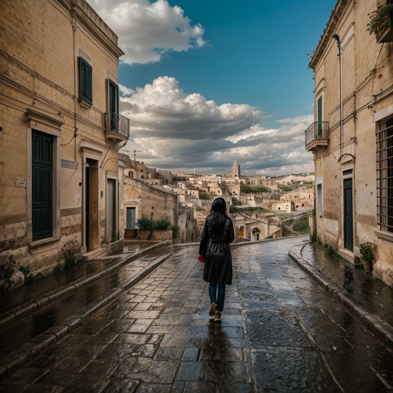 1 woman, long loose black hair, crying in sassi_di_Matera, landscape of Matera, solo, alone, outdoors, buildings, clouds and milky way in the sky, cityscape, in the streets of Matera water comes out from the ground, rain, rain puddles on the path