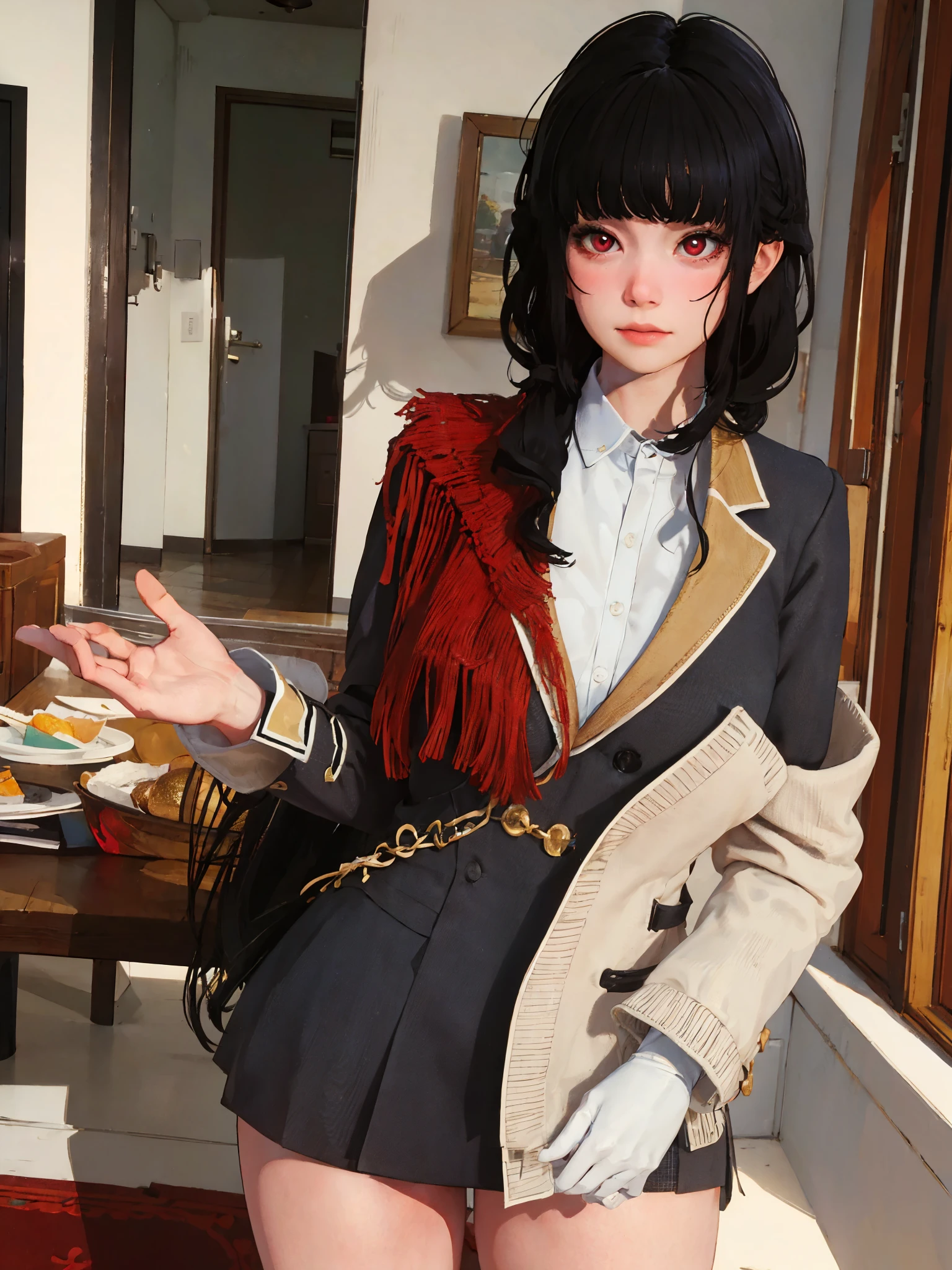 masterpiece, highly detailed, best quality, 1girl, solo, Luna, black hair, loose low tied hair, red eyes, uniform